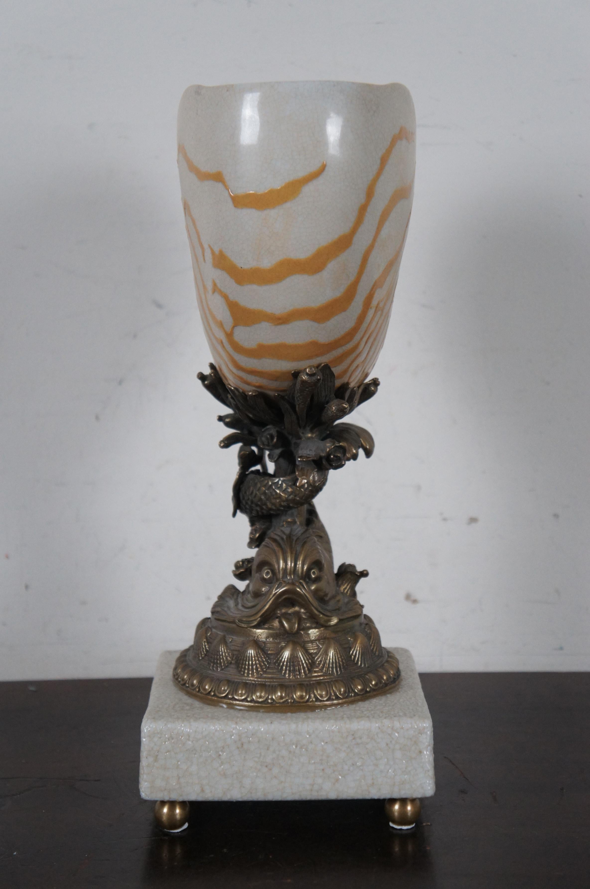20th Century Castilian Brass & Porcelain Nautilus Sea Shell Dolphin Mantel Urn Vase Sculpture