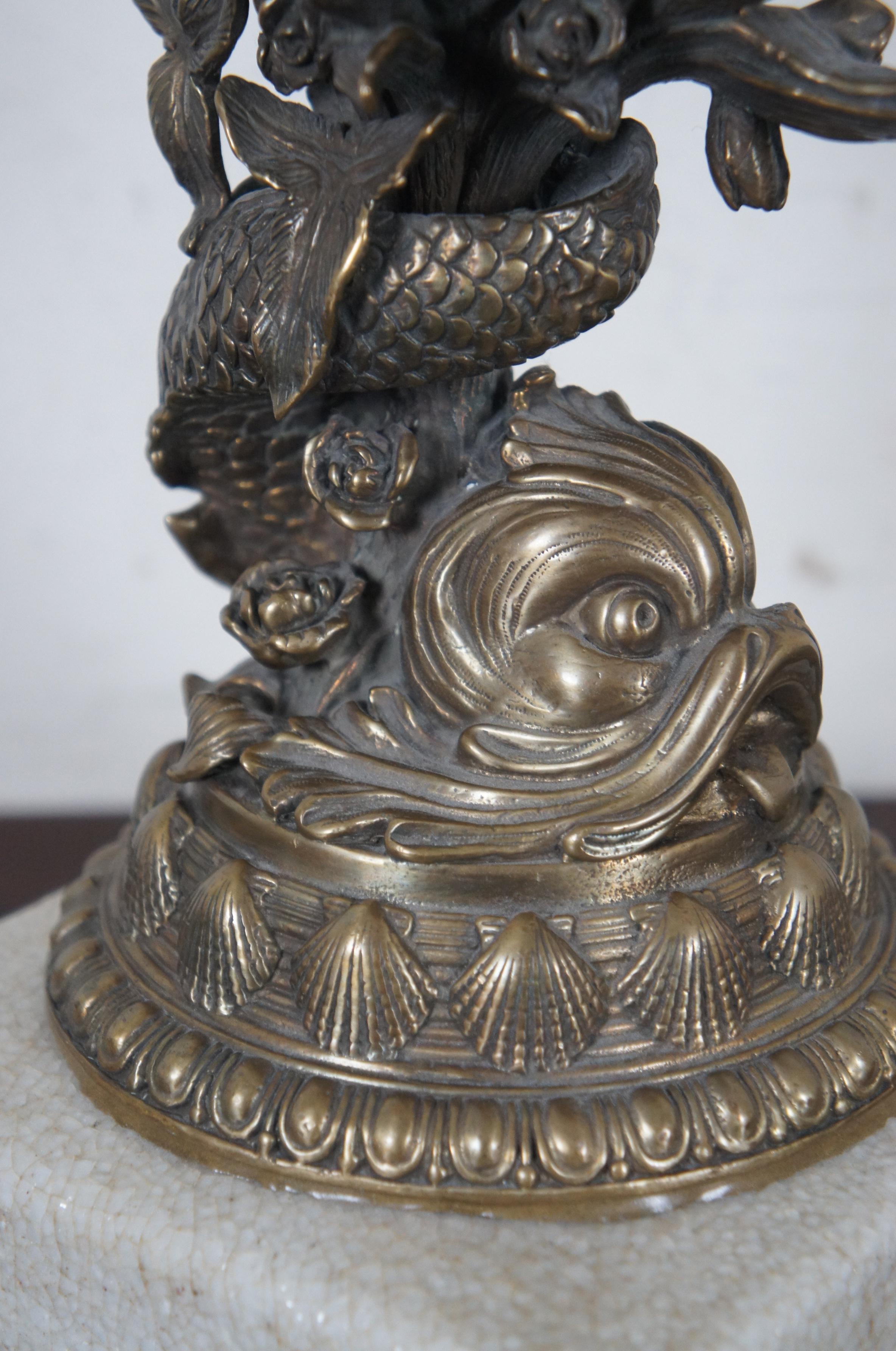 Castilian Brass & Porcelain Nautilus Sea Shell Dolphin Mantel Urn Vase Sculpture 1
