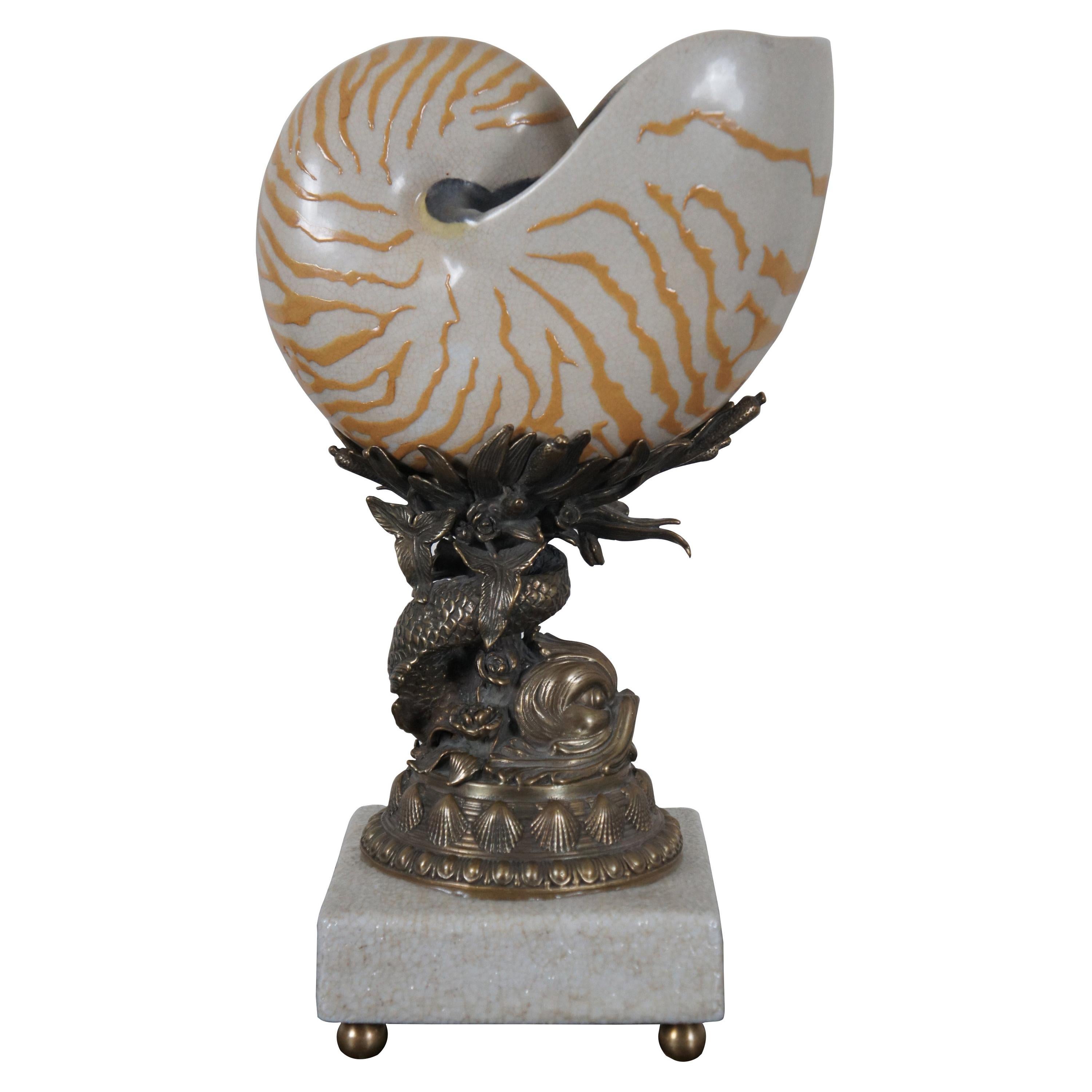Castilian Brass & Porcelain Nautilus Sea Shell Dolphin Mantel Urn Vase Sculpture