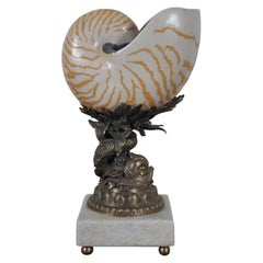 Castilian Brass & Porcelain Nautilus Sea Shell Dolphin Mantel Urn Vase Sculpture