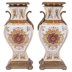 Castilian Chinese Brass Mounted Porcelain Vases, Pair
