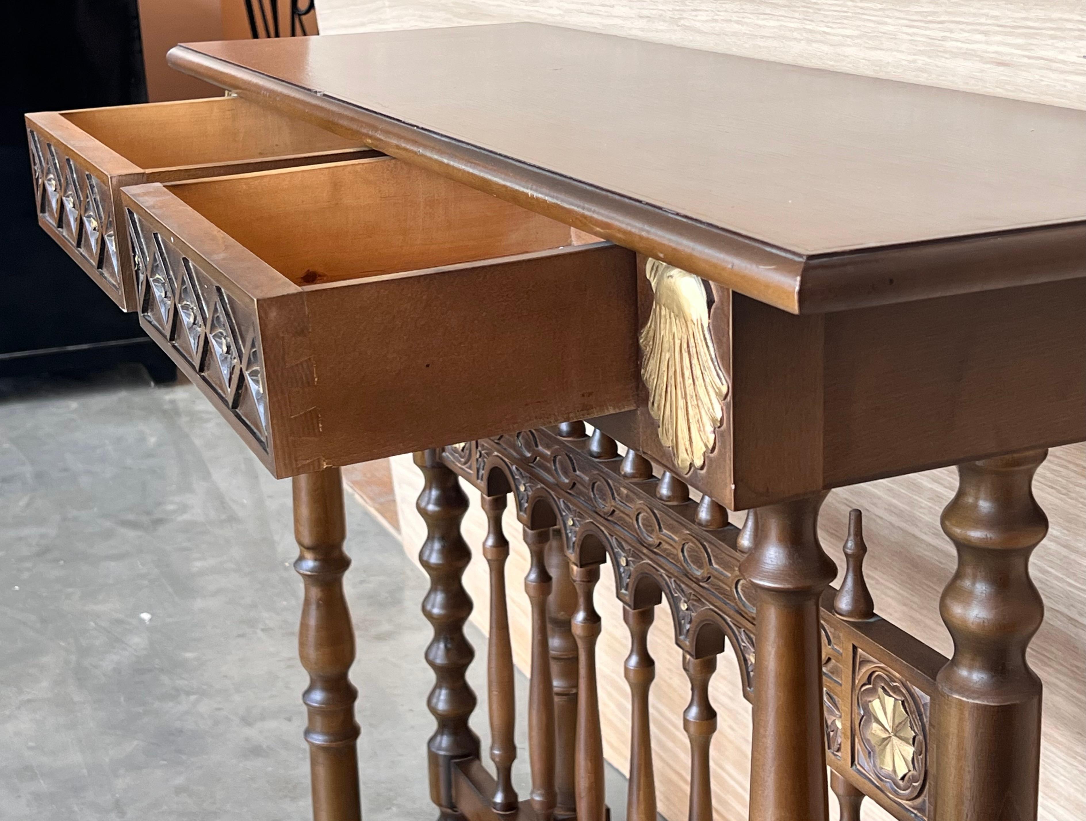 Castilian Mid-Century Console in Walnut with Two Front Drawers in Gold Leaf For Sale 5