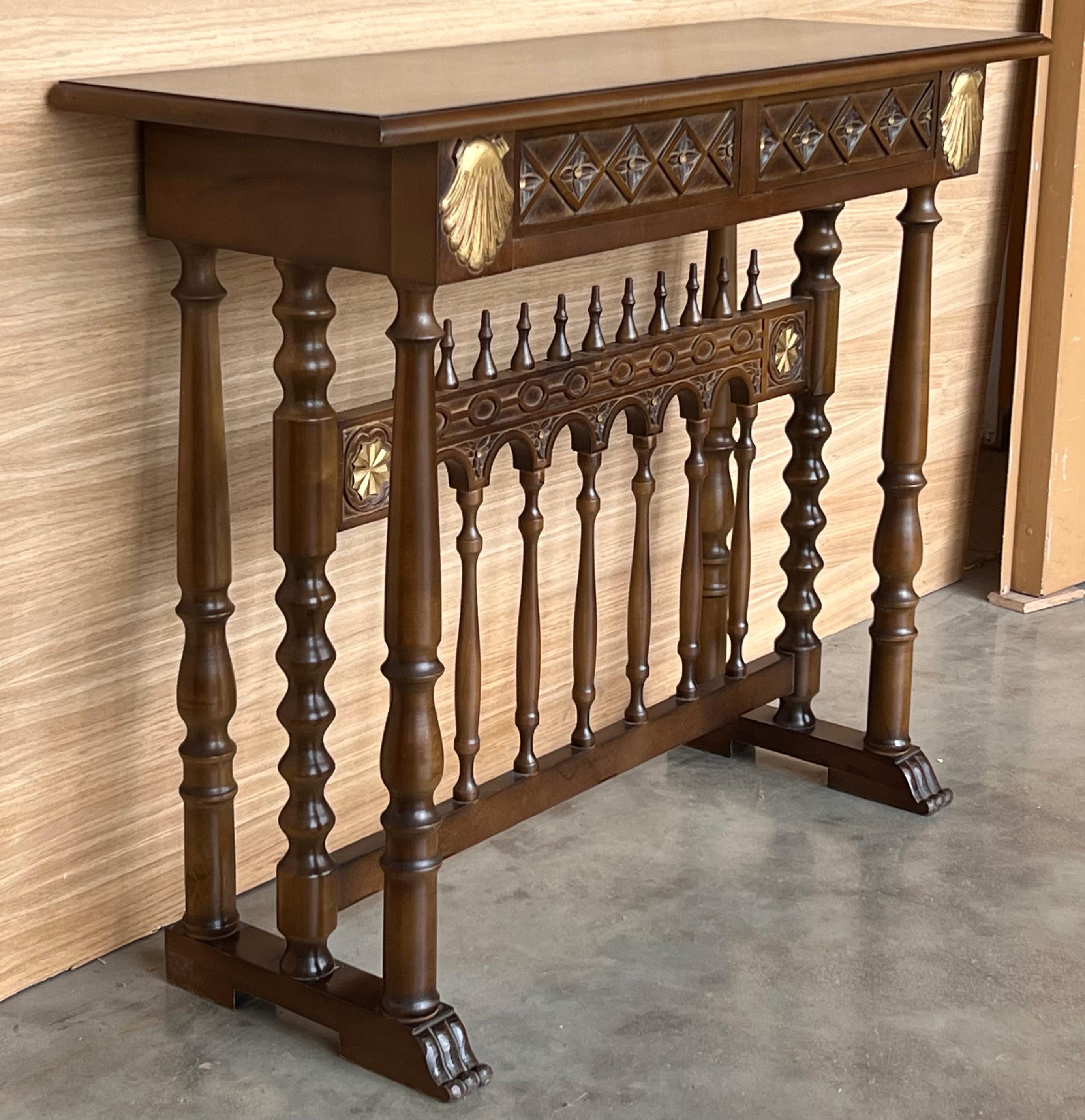 Spanish Castilian Mid-Century Console in Walnut with Two Front Drawers in Gold Leaf For Sale
