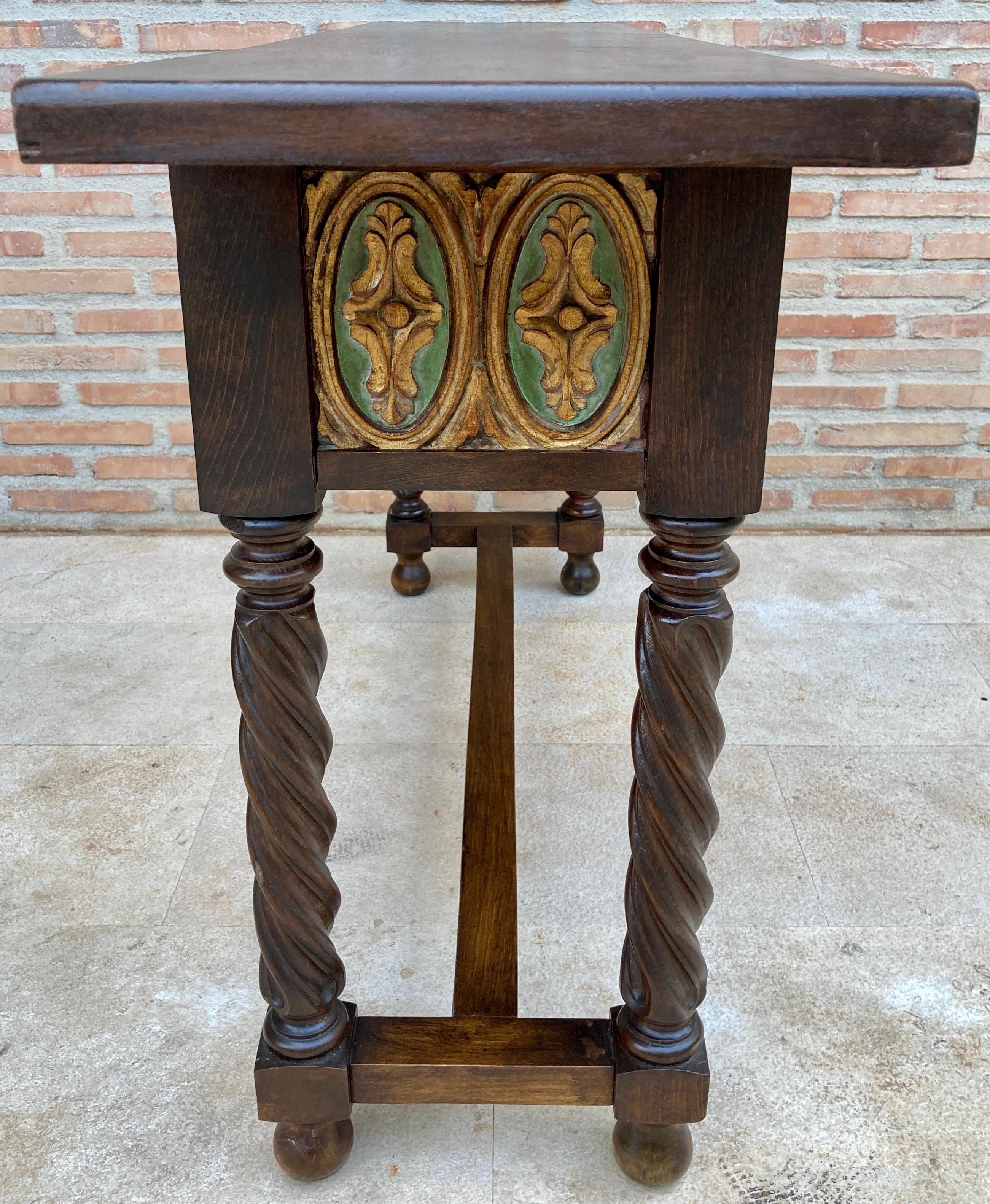 Iron Castilian Mid-Century Console in Walnut with Two Front Drawers in Gold Leaf For Sale