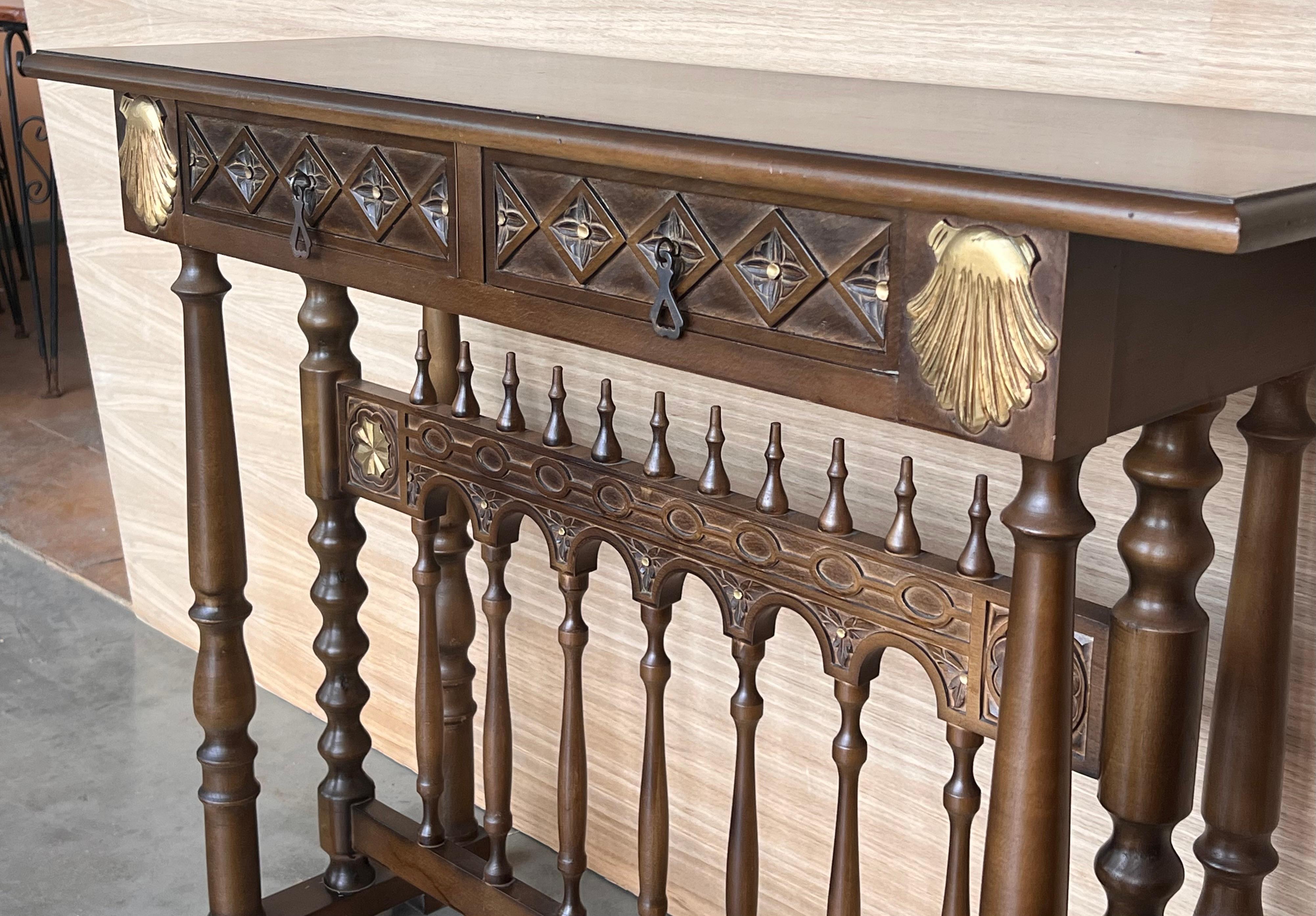 Iron Castilian Mid-Century Console in Walnut with Two Front Drawers in Gold Leaf For Sale