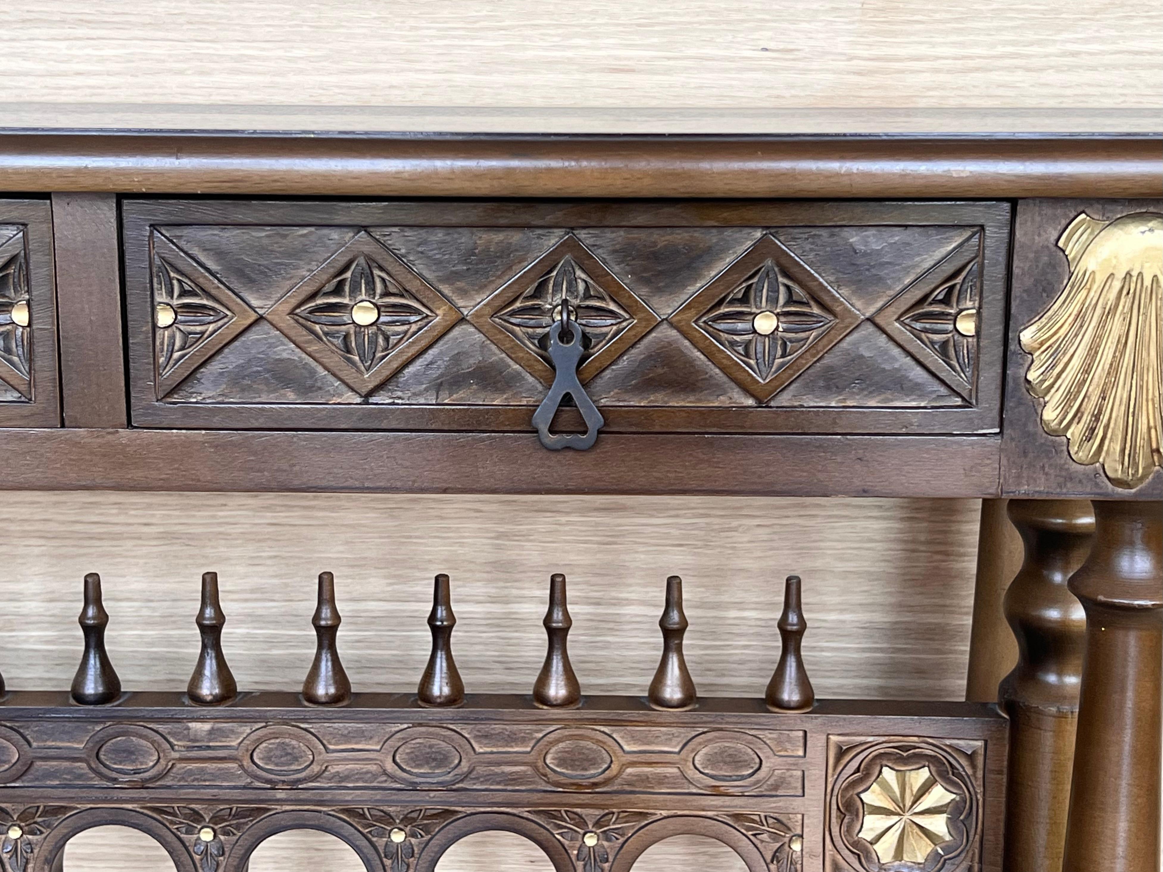 Castilian Mid-Century Console in Walnut with Two Front Drawers in Gold Leaf For Sale 1