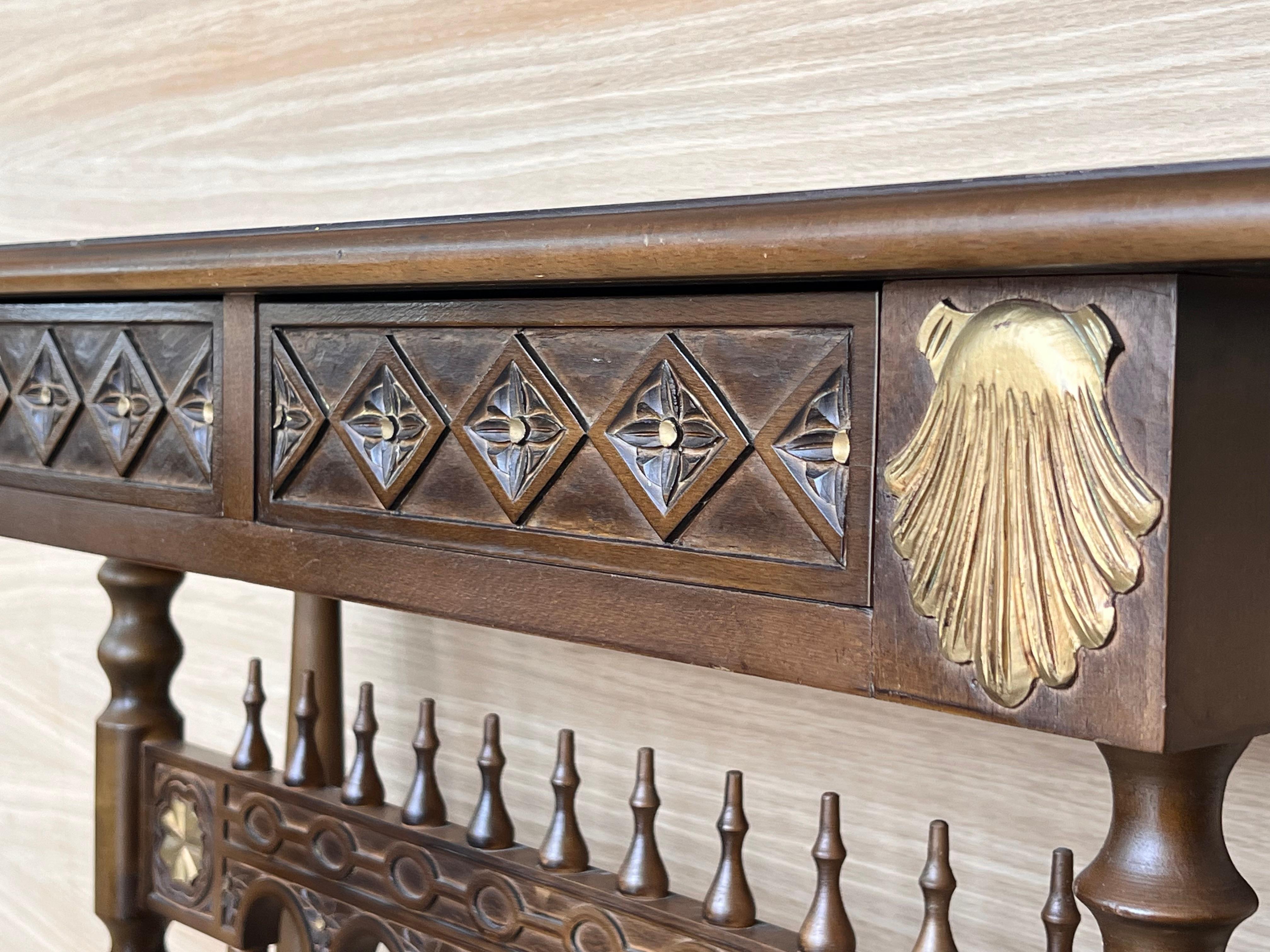 Castilian Mid-Century Console in Walnut with Two Front Drawers in Gold Leaf For Sale 2