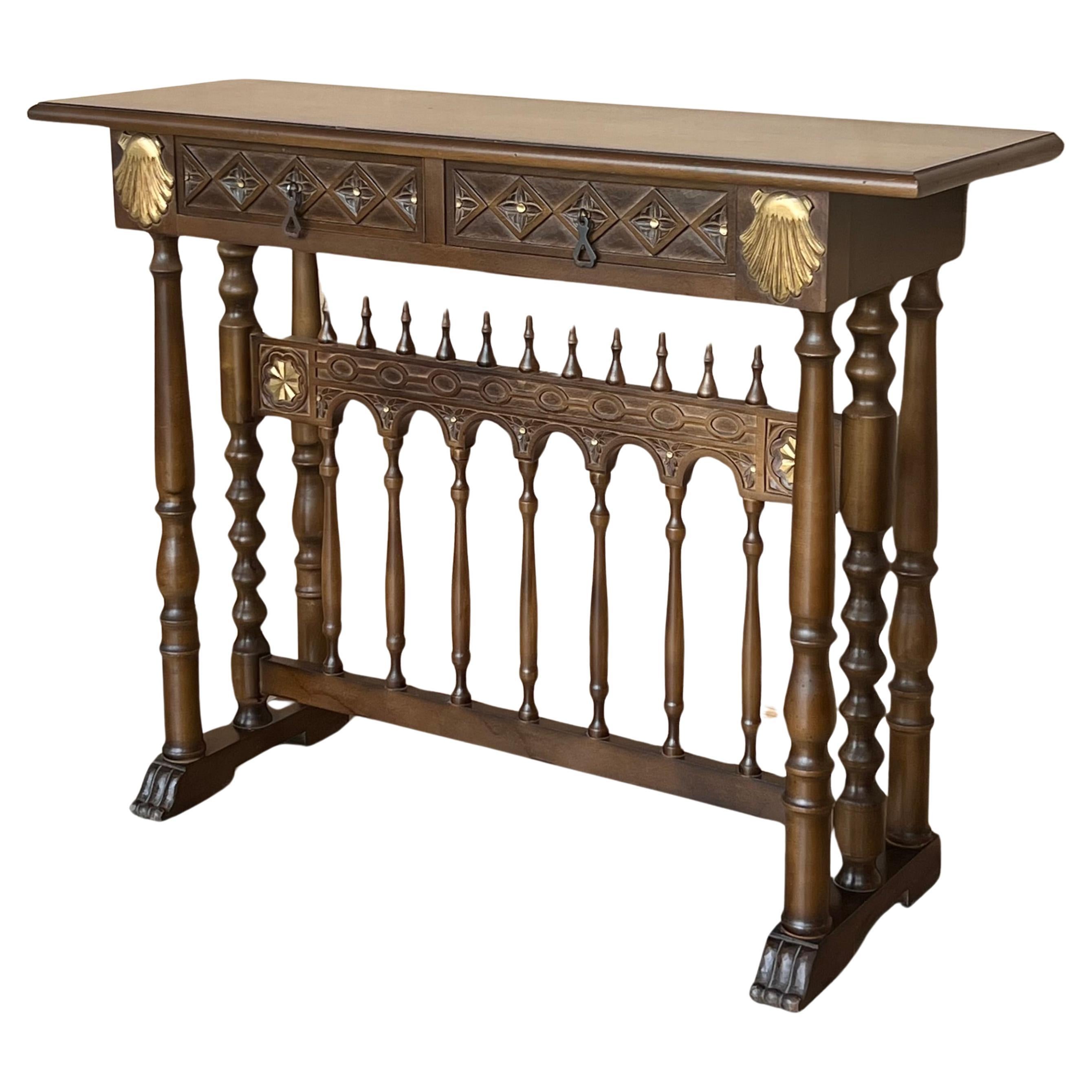 Castilian Mid-Century Console in Walnut with Two Front Drawers in Gold Leaf For Sale