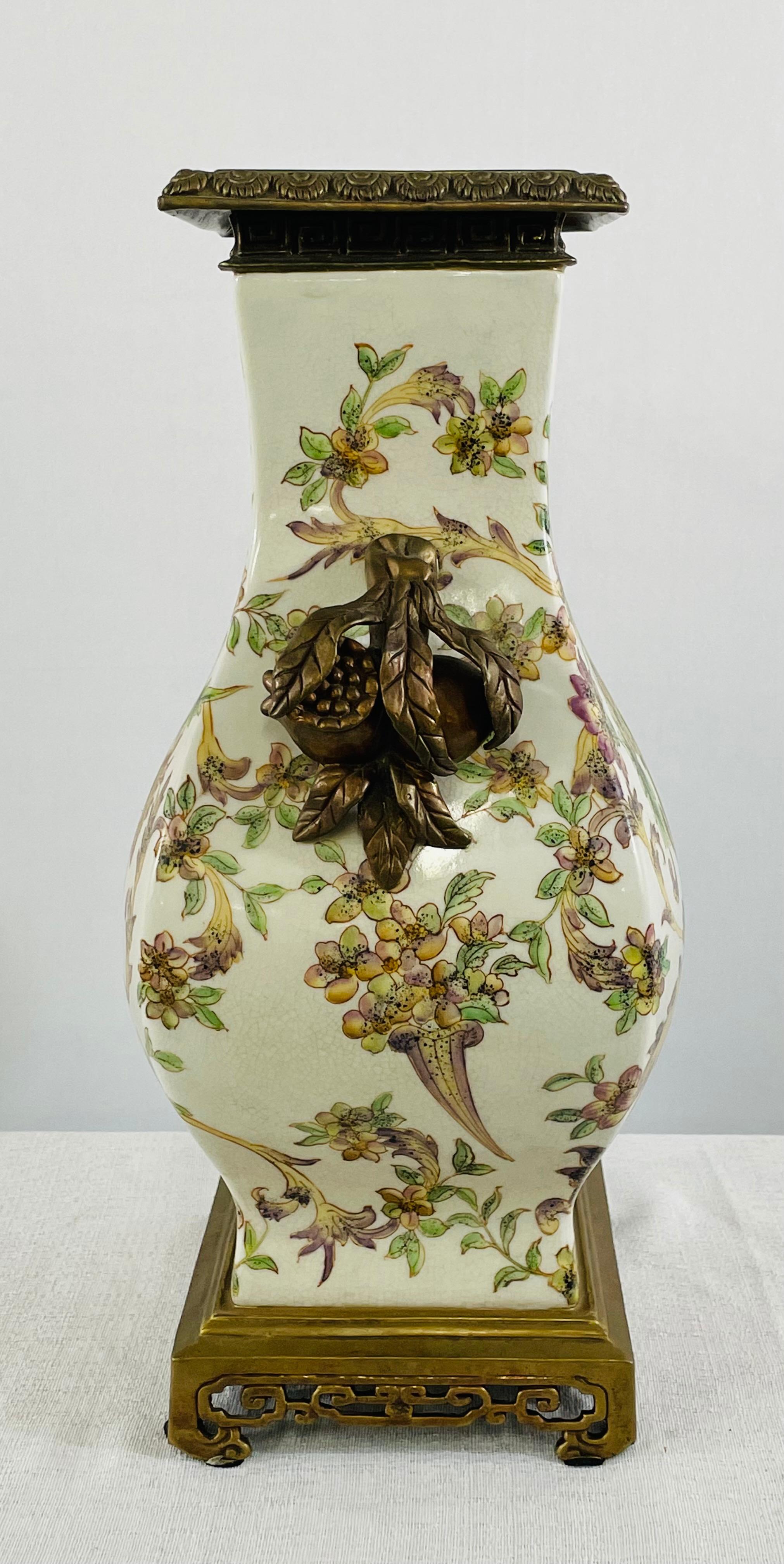 Castilian Porcelain Vase with Floral Design and Bronze Inlay  2