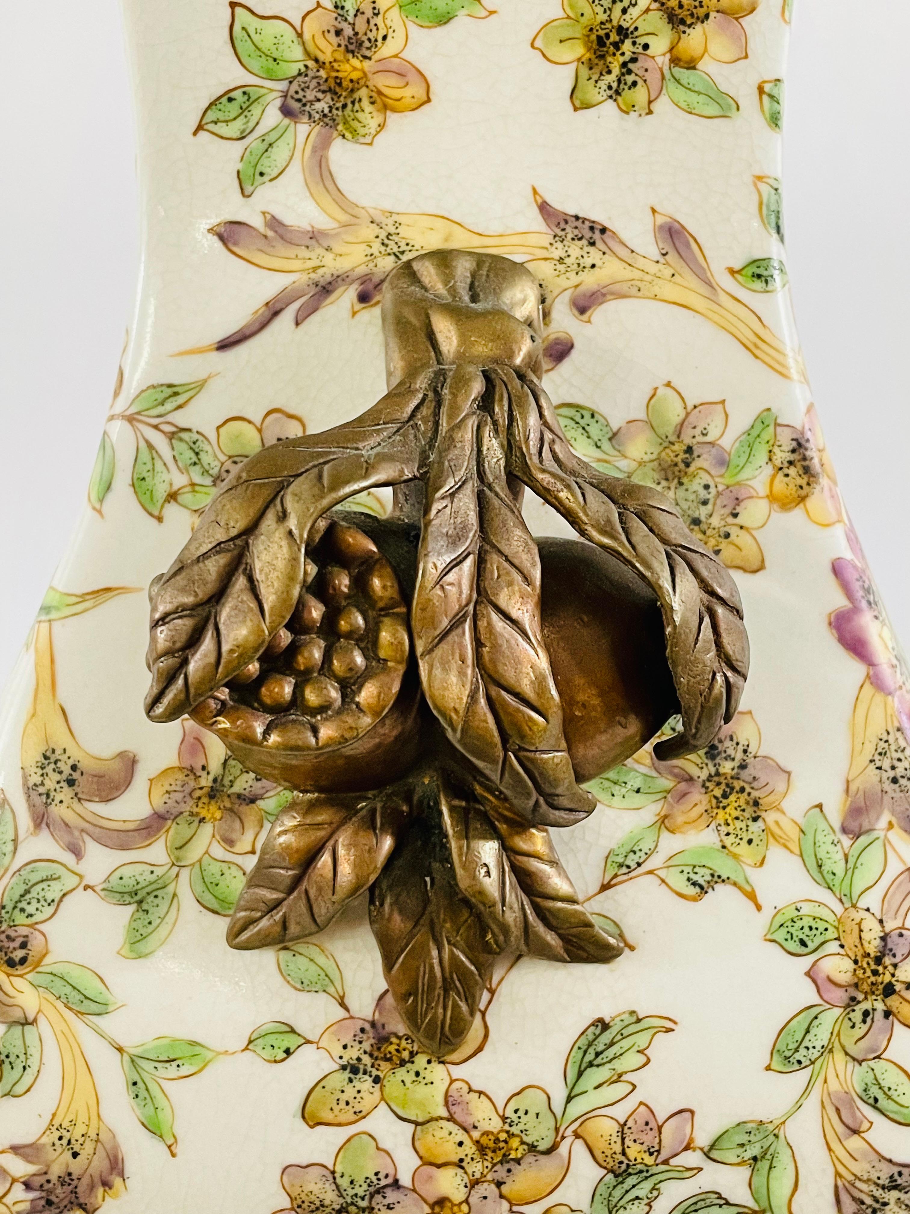 Castilian Porcelain Vase with Floral Design and Bronze Inlay  3