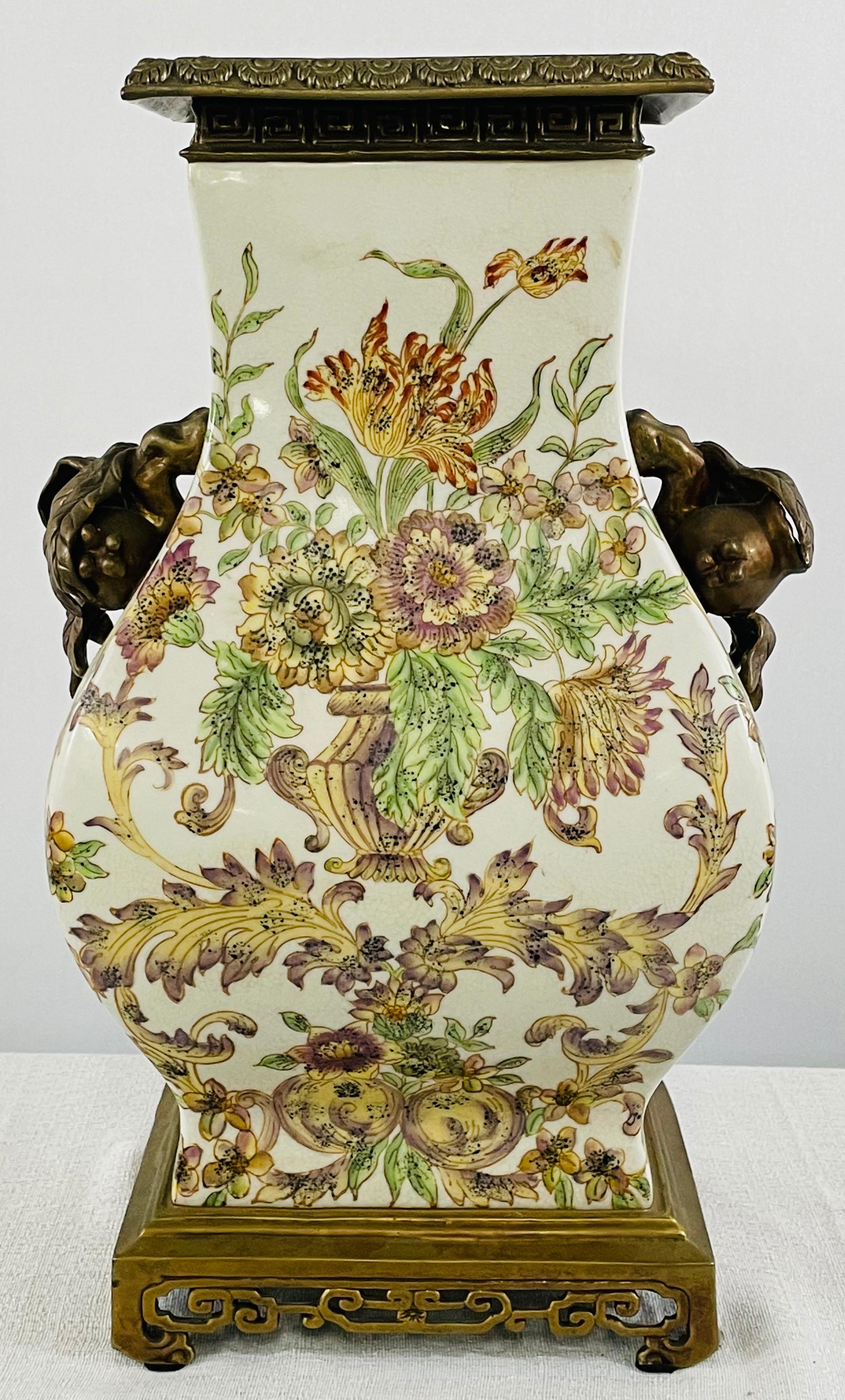 Castilian Porcelain Vase with Floral Design and Bronze Inlay  4