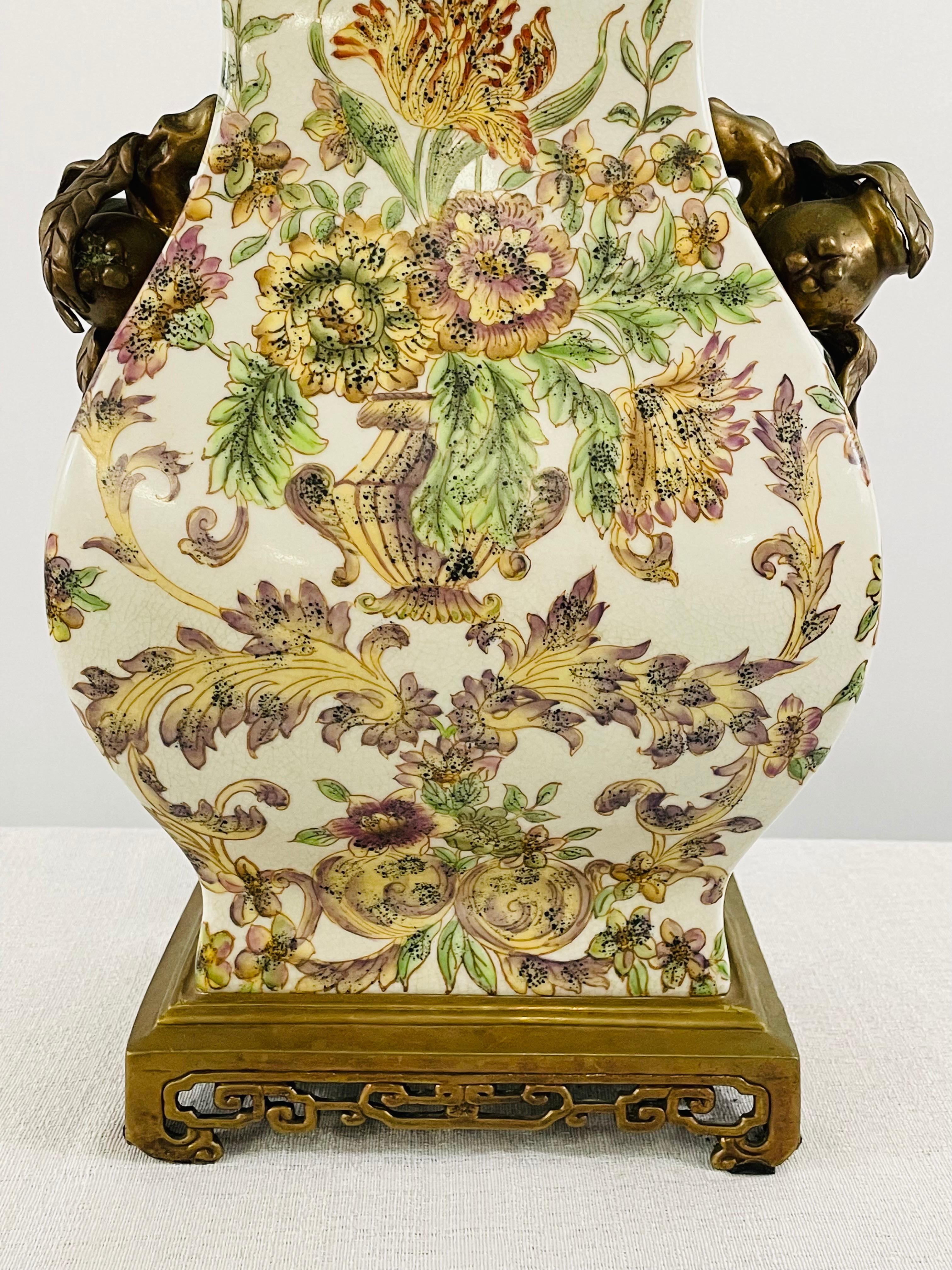 Ceramic Castilian Porcelain Vase with Floral Design and Bronze Inlay 