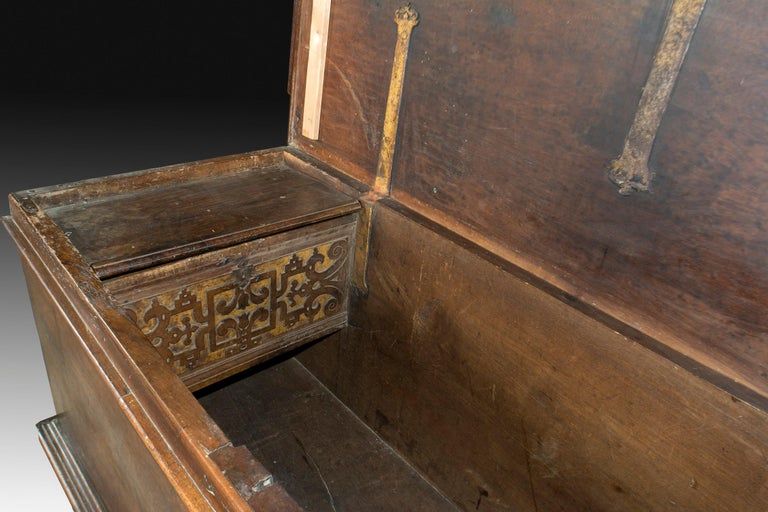 Baroque Castillian Chest, Walnut and Wrought and Polychromed Iron, Spain, 17th Century For Sale