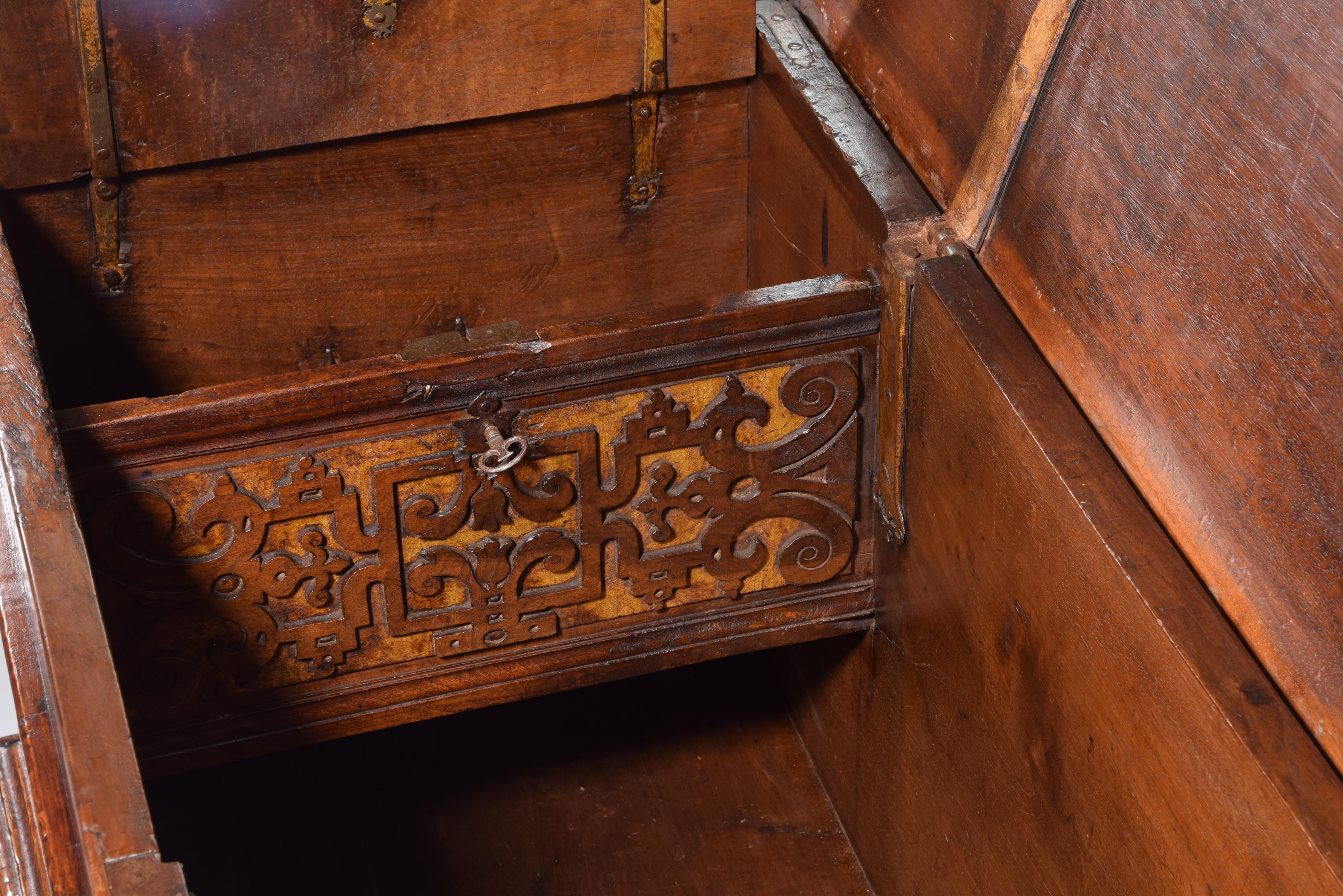 Spanish Castillian Chest, Walnut and Wrought and Polychromed Iron, Spain, 17th Century For Sale