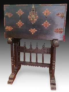 Castillian Desk with Pedestal, Walnut, Wrought Iron, Etc Spain, 17th Century