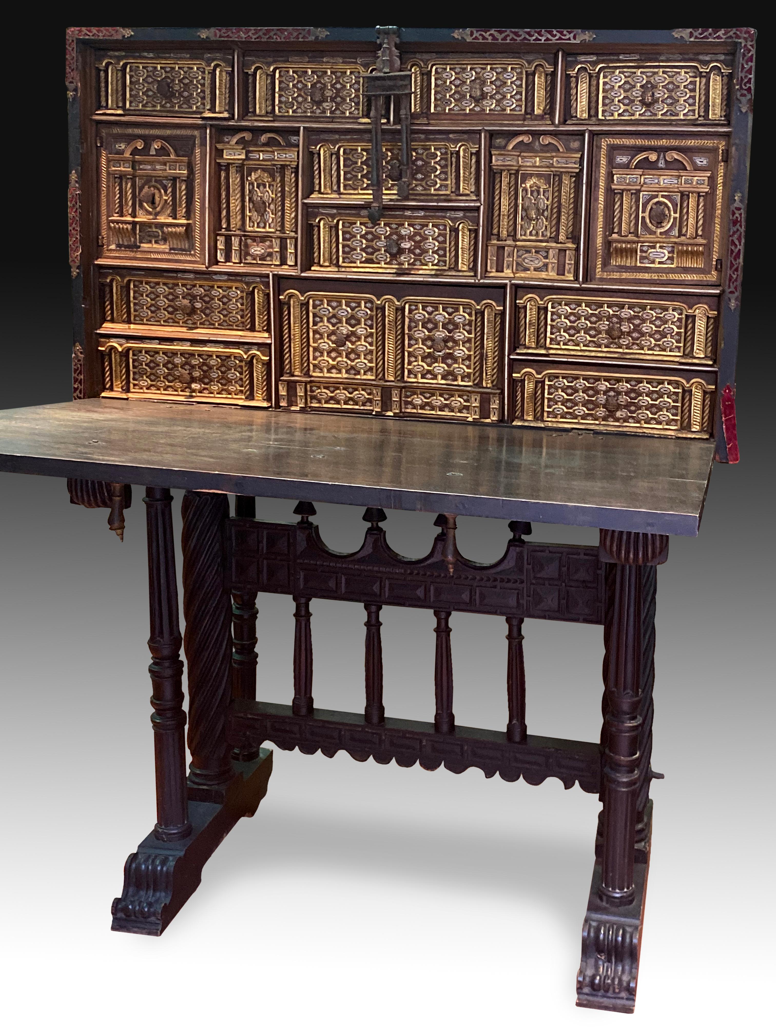 Castillian Desk with Pedestal, Walnut, Wrought Iron, Etc Spain, 17th Century 3