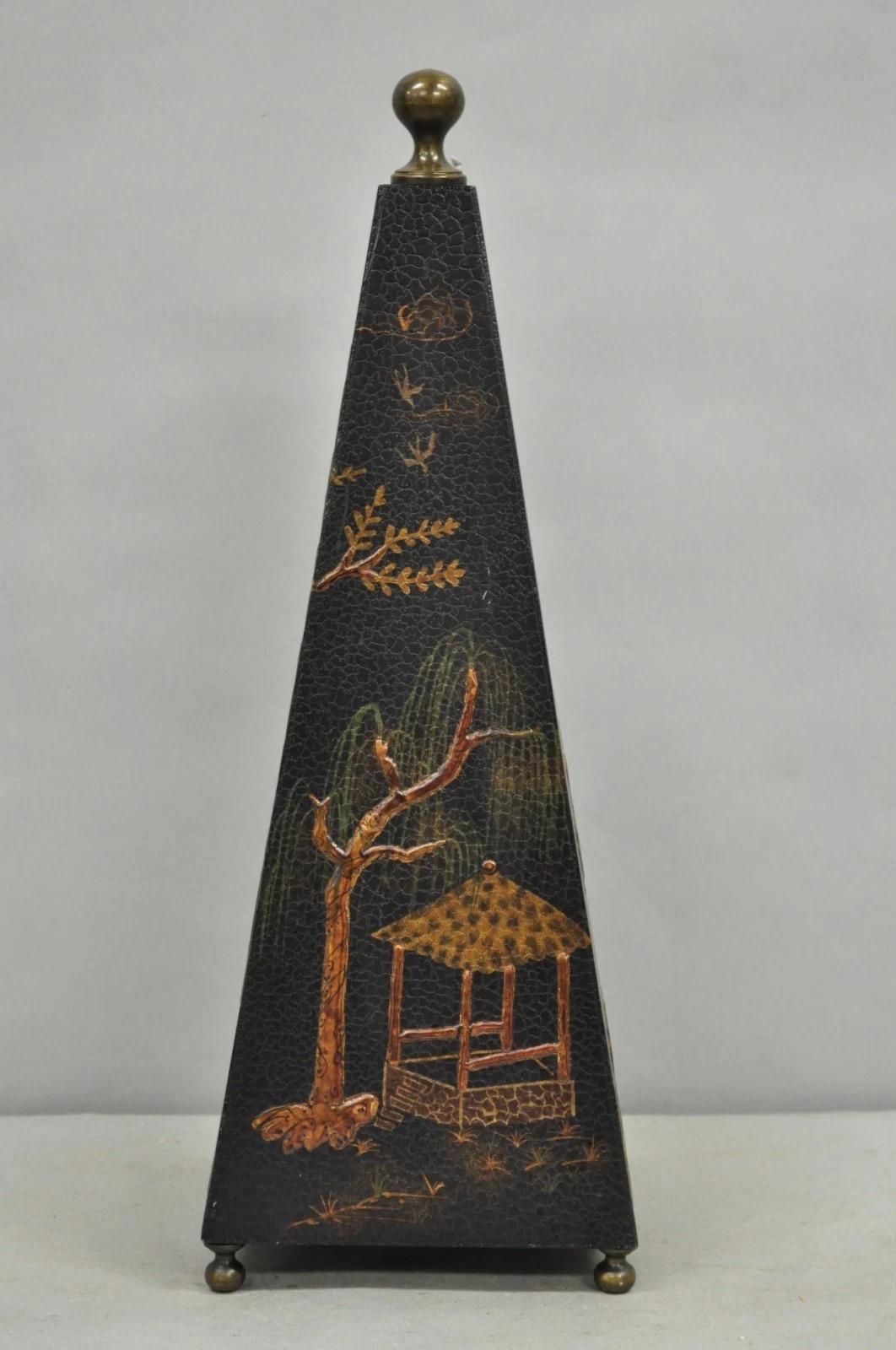 Unknown Castillian Imports Chinoiserie Black Lacquer Oriental Painted Obelisk Pyramid For Sale