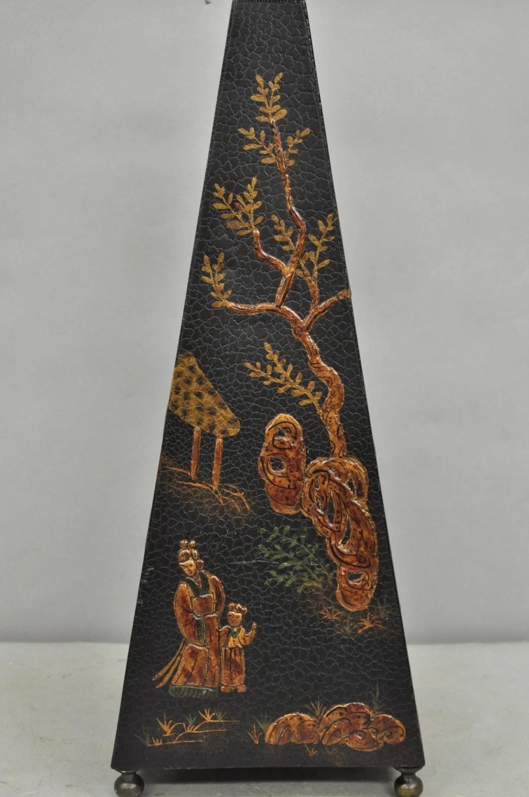Wood Castillian Imports Chinoiserie Black Lacquer Oriental Painted Obelisk Pyramid For Sale