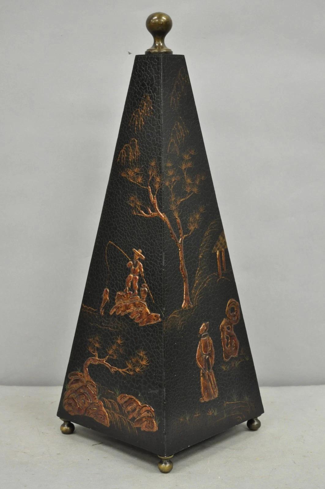 Castillian Imports Chinoiserie Black Lacquer Oriental Painted Obelisk Pyramid For Sale 1