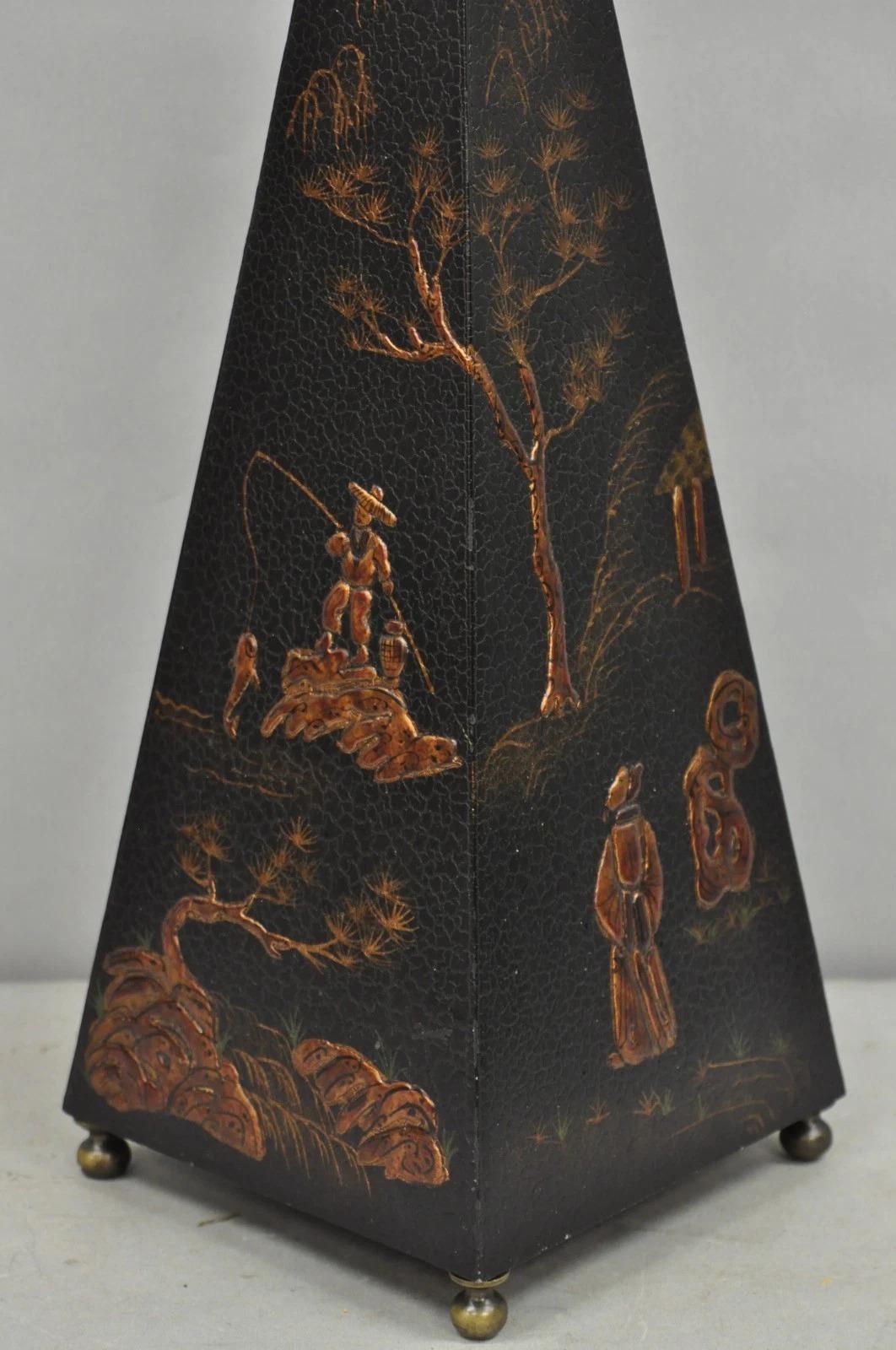 Castillian Imports Chinoiserie Black Lacquer Oriental Painted Obelisk Pyramid For Sale 2