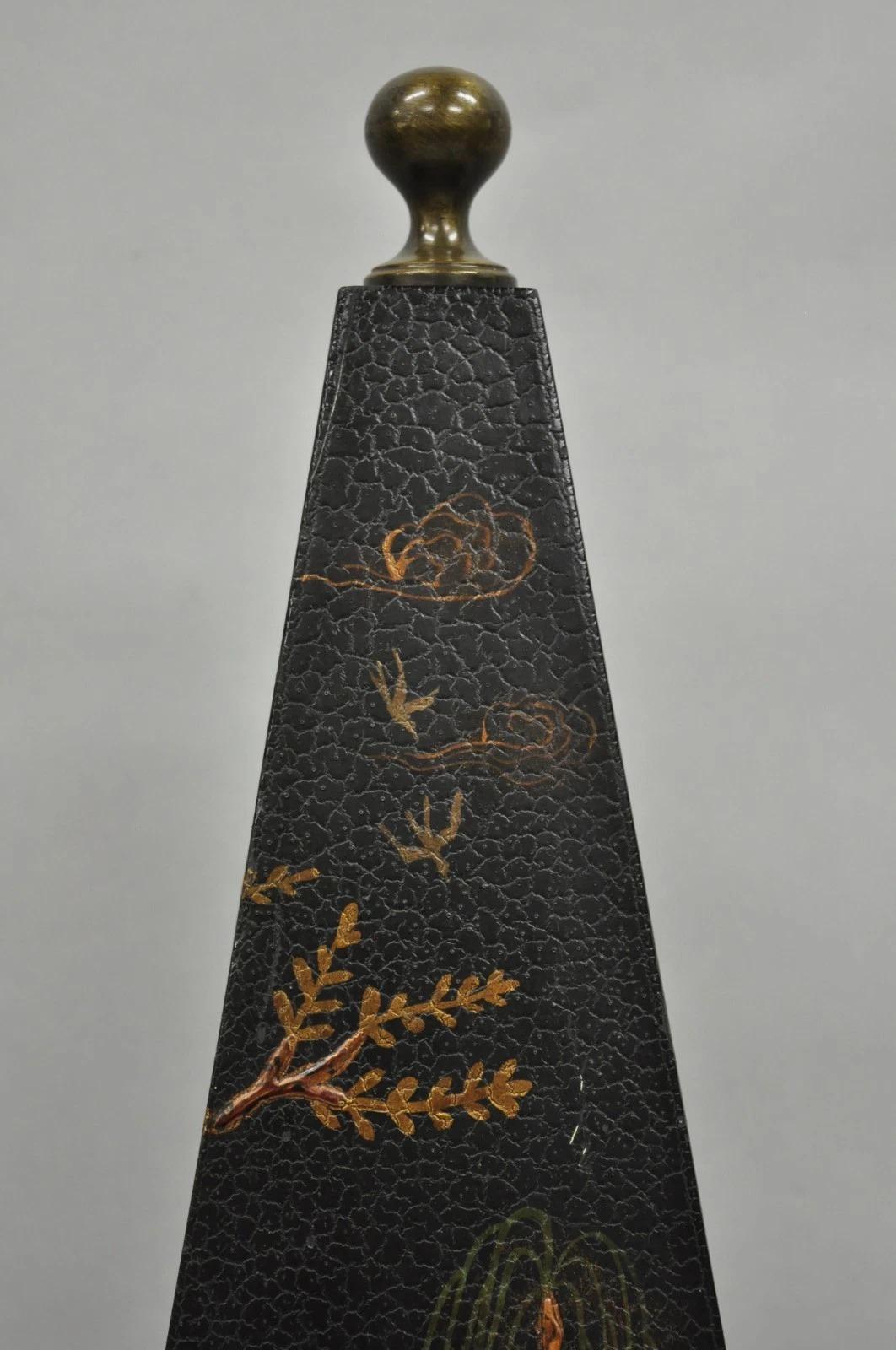 Castillian Imports Chinoiserie Black Lacquer Oriental Painted Obelisk Pyramid For Sale 3