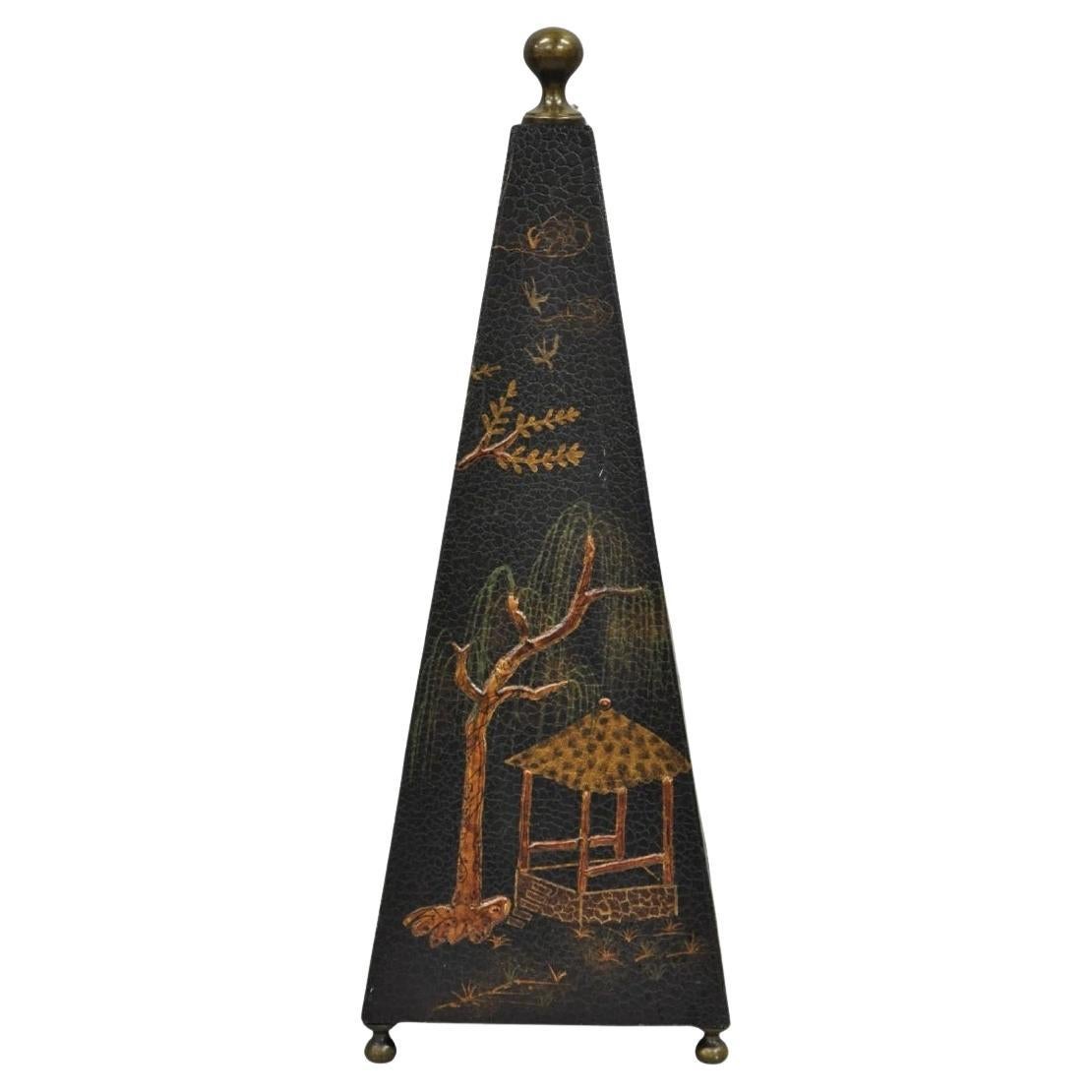 Castillian Imports Chinoiserie Black Lacquer Oriental Painted Obelisk Pyramid For Sale
