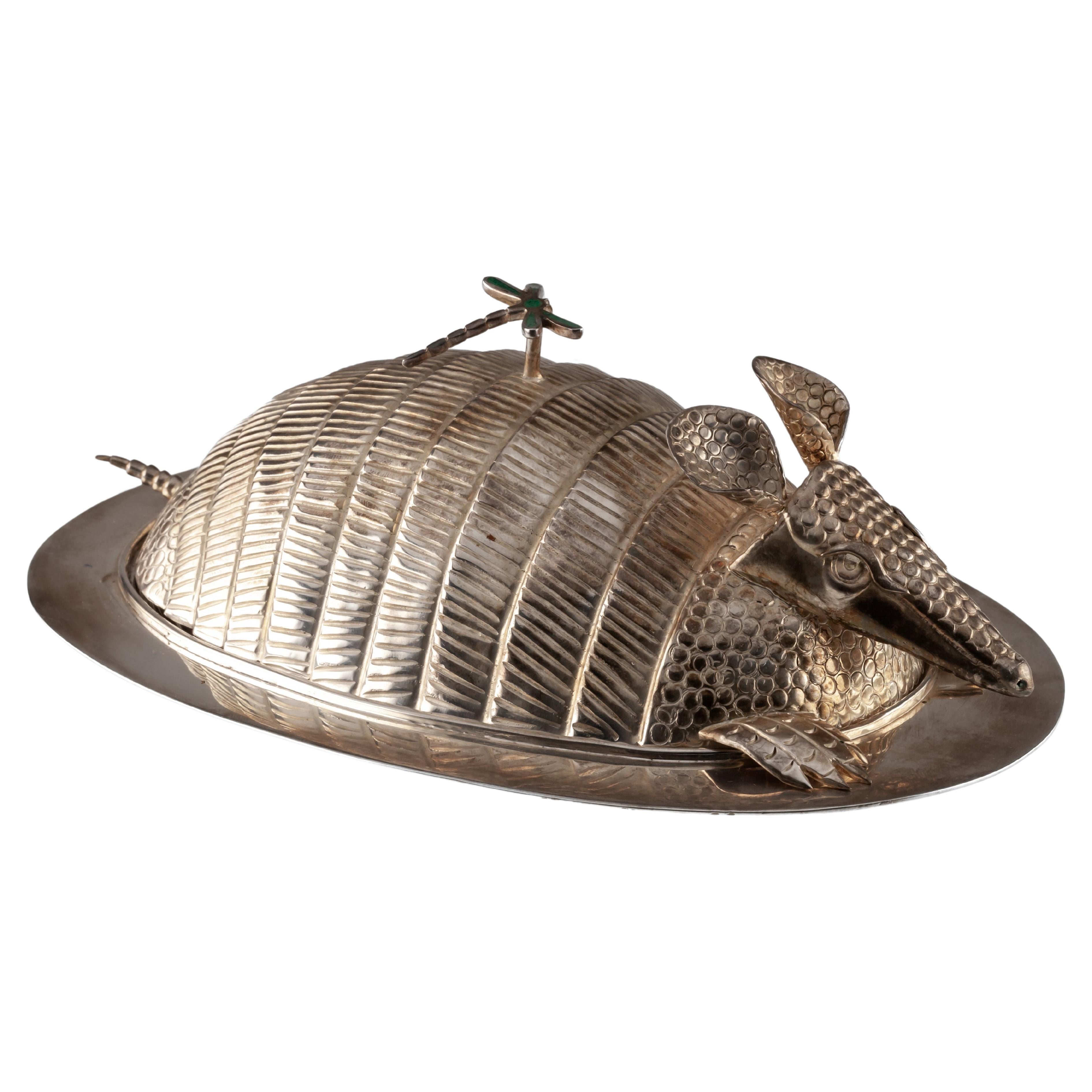 Castillo Family Silverplate Armadillo Butter Dish w/ Turquoise Dragonfly For Sale
