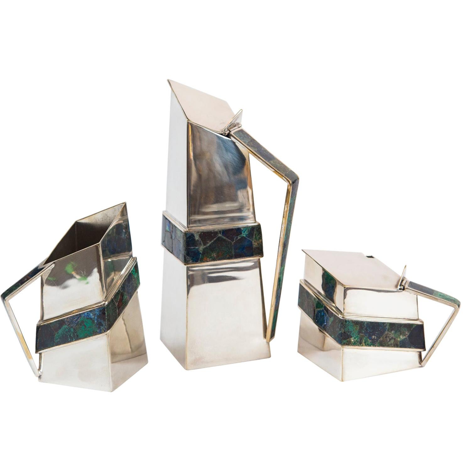 Castillo Taxco Modernist Silverplate Coffee Set Inlaid with Lapis and Malachite For Sale