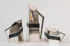 Castillo Taxco Modernist Silverplate Coffee Set Inlaid with Lapis and Malachite