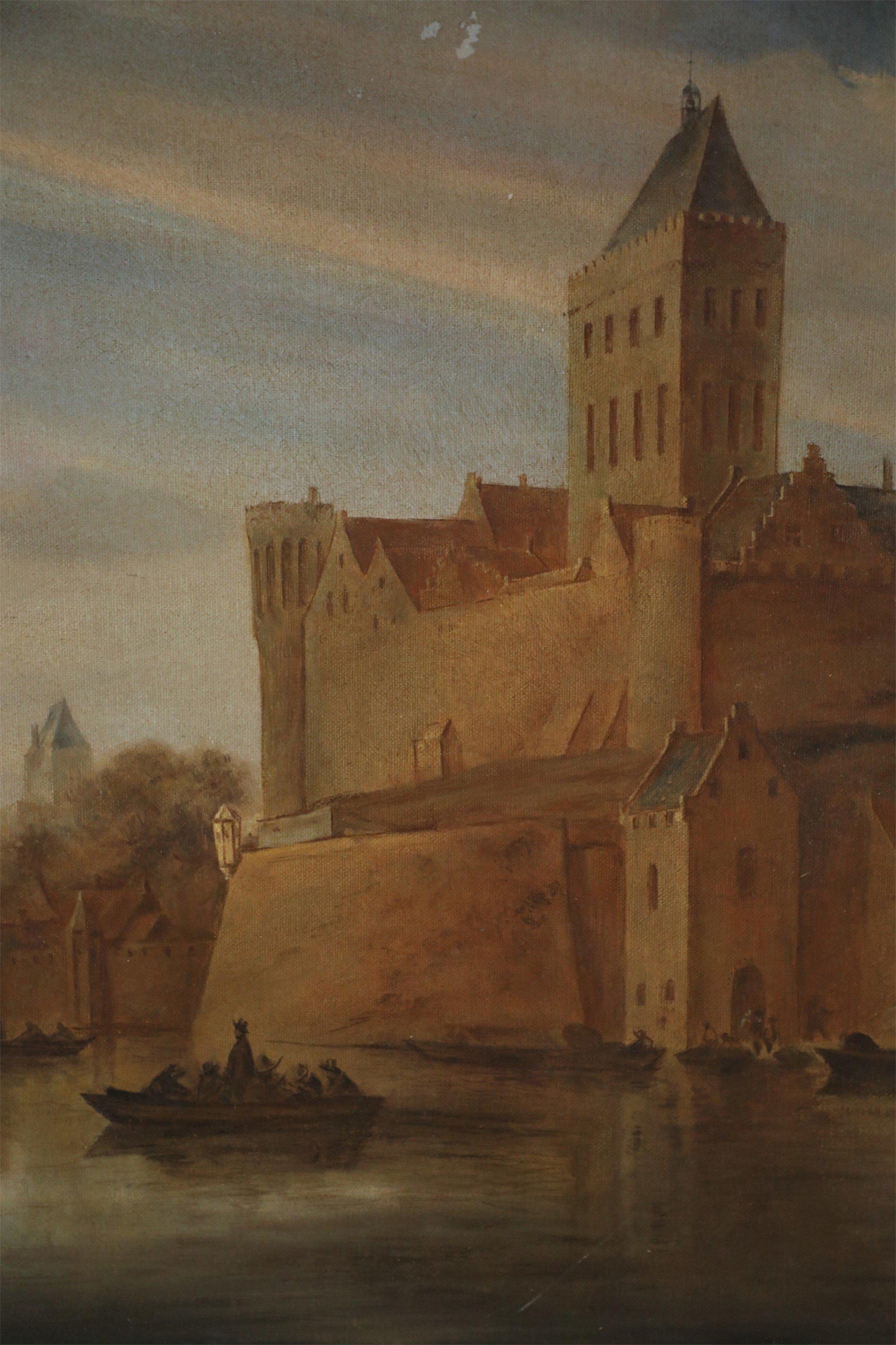 Castle and Harbor Oil Painting on Canvas In Good Condition For Sale In New York, NY