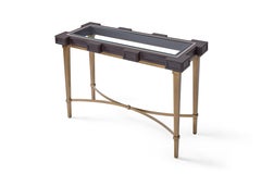 Castle Console, Tapered Legs Accented with Metal Detailing and Glass Top Console