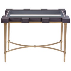 Castle Console, Tapered Legs Accented with Metal Detailing and Glass Top Console