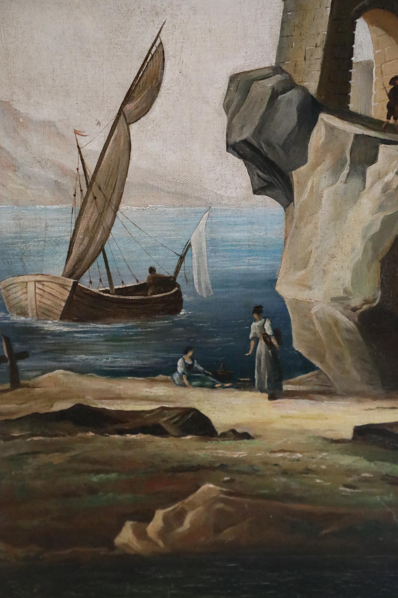 Vintage (20th Century) painting of a castle on a rocky cliff over the sea with figures seen on the beach and the castle grounds, and a sailboat just offshore, on unframed, rectangular canvas.
  