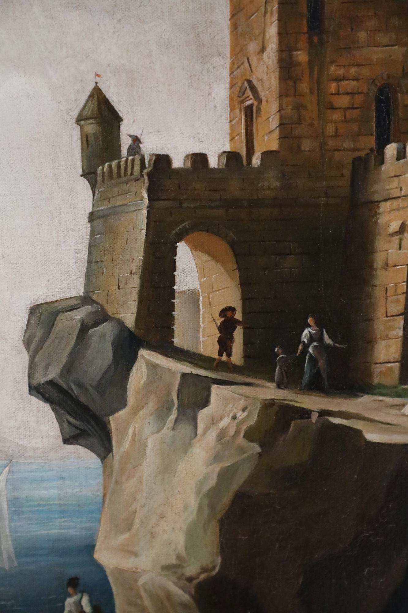 Mid-Century Modern Castle on a Rocky Cliff at Sea Oil Painting on Canvas For Sale