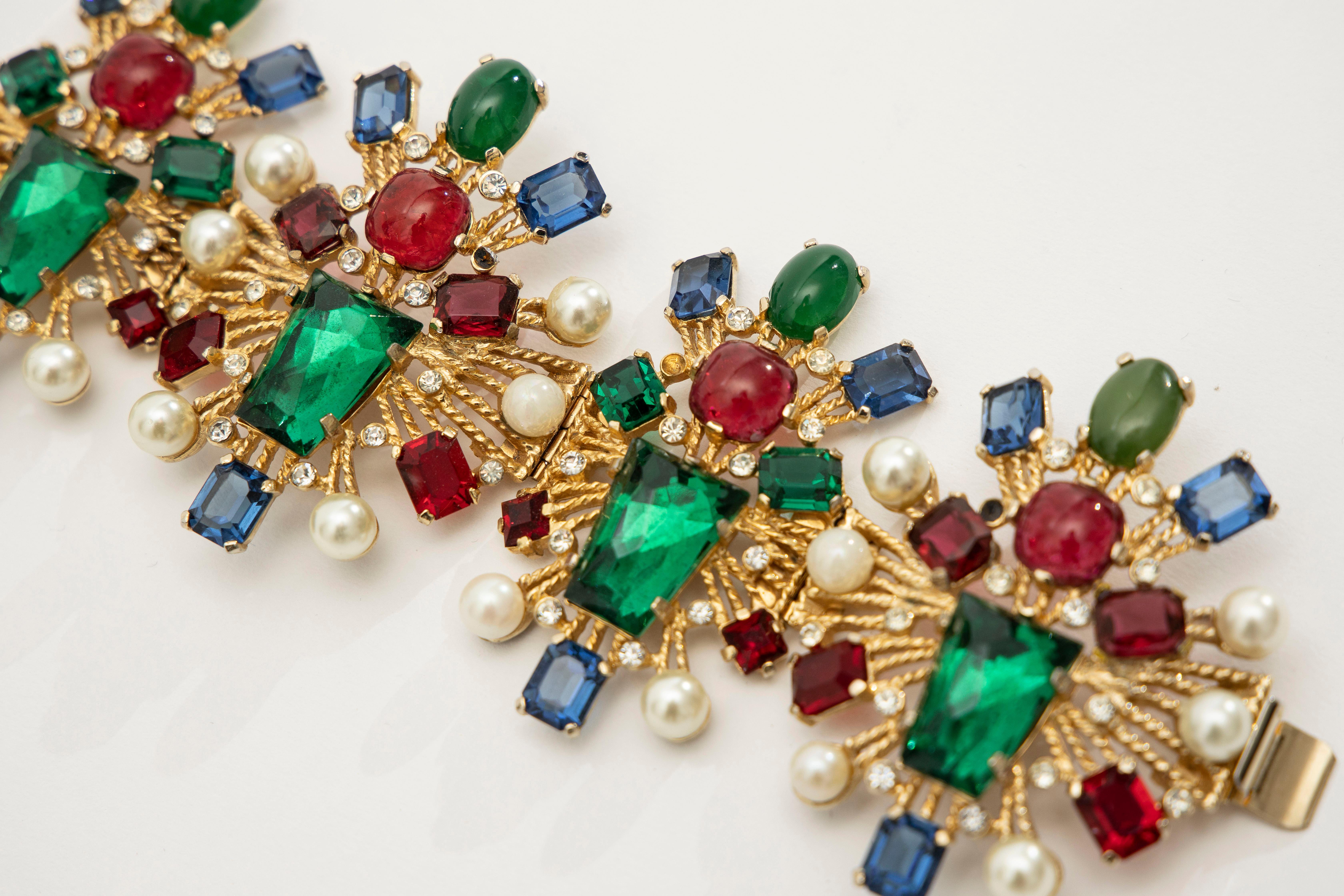 Baguette Cut Castlecliff Multi-Colored Glass Cabachon & Faux Pearl Bracelet, Circa: 1950's For Sale