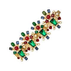 Castlecliff Multi-Colored Glass Cabachon & Faux Pearl Bracelet, Circa: 1950's
