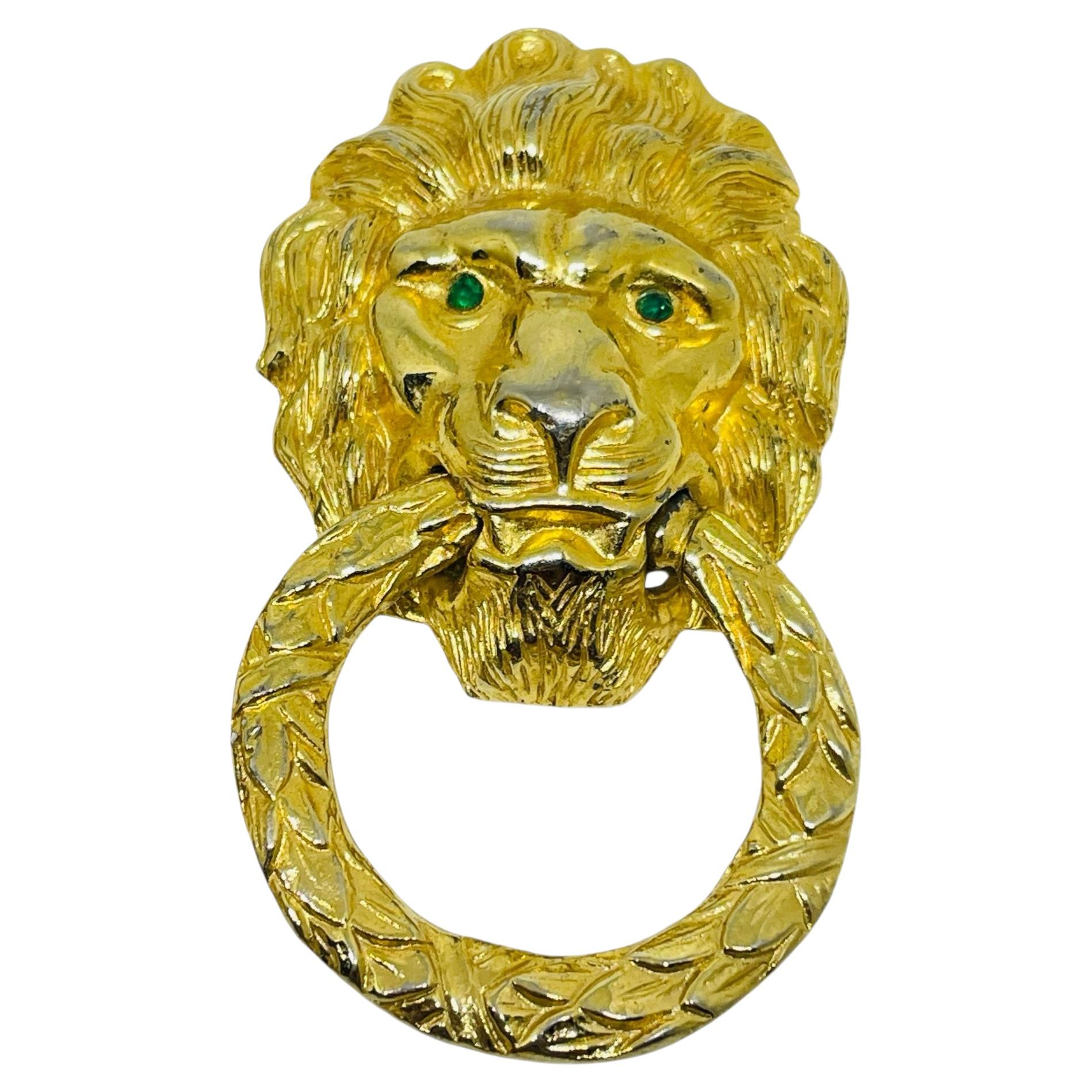 CASTLECLIFF signed vintage gold tone lions head door knocker designer brooch