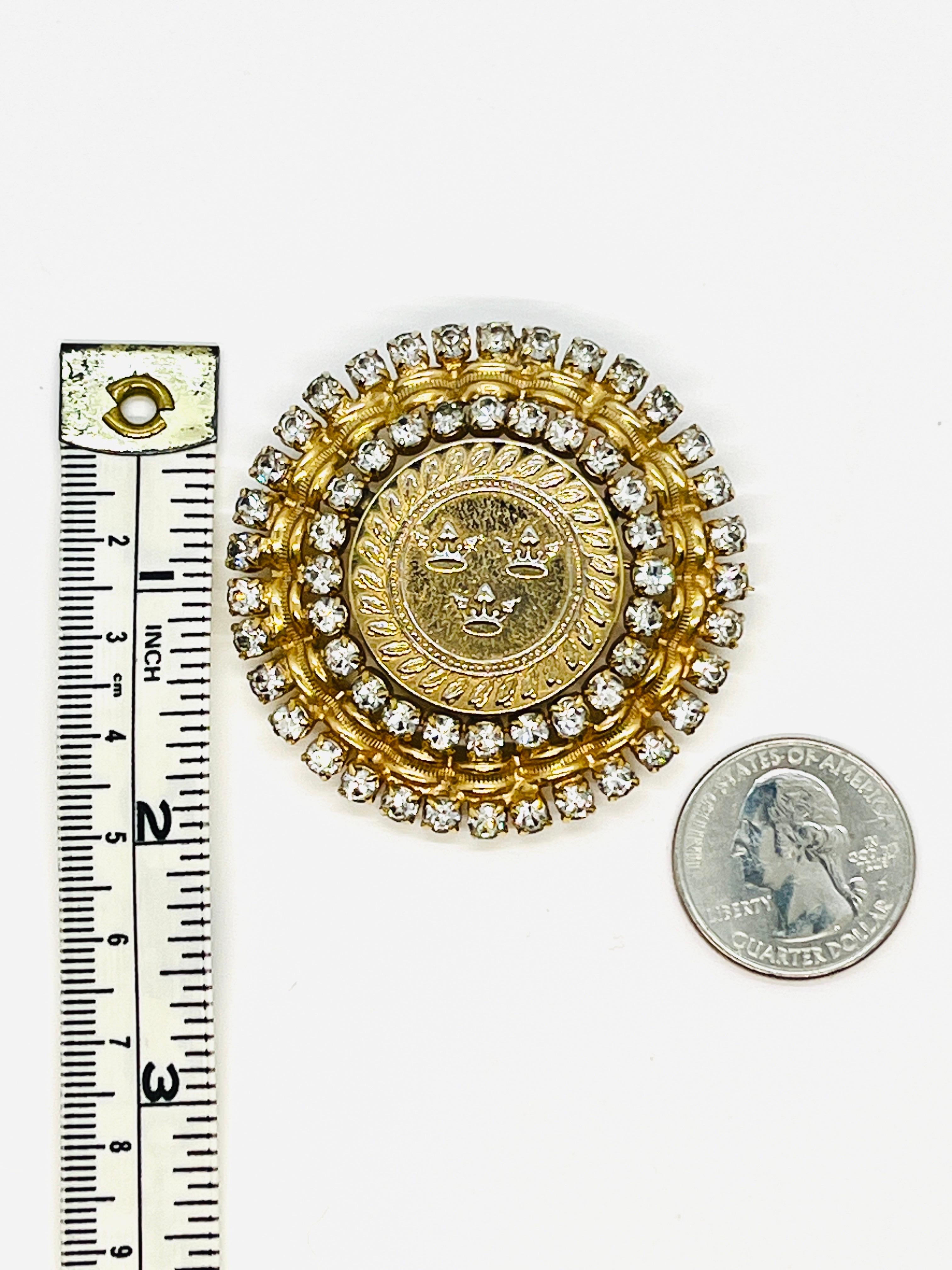 Baroque Revival Castlecliff Triple Crown Coin Brooch, Brilliant Cut Crystal Halo Setting For Sale