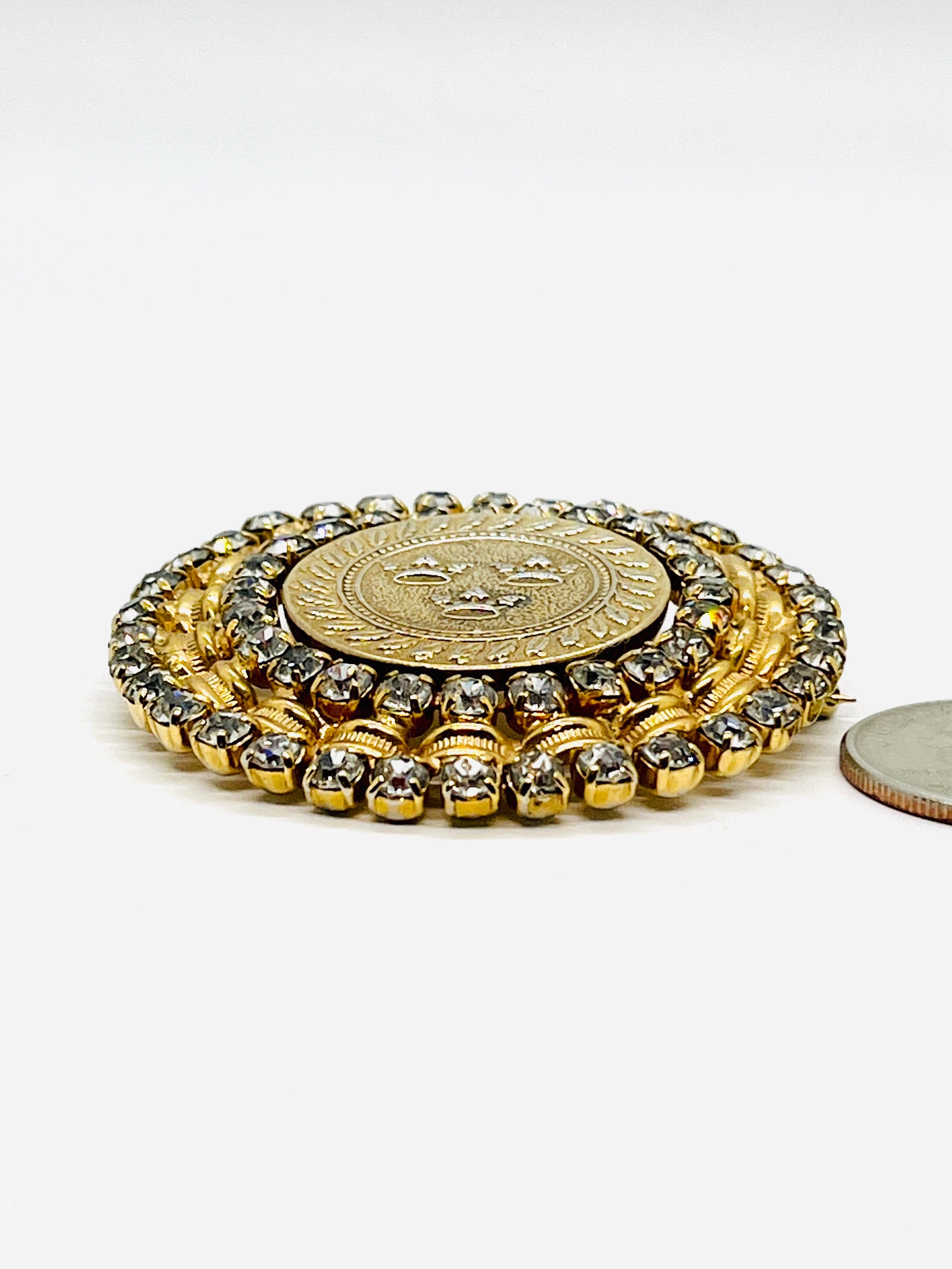 Women's Castlecliff Triple Crown Coin Brooch, Brilliant Cut Crystal Halo Setting For Sale