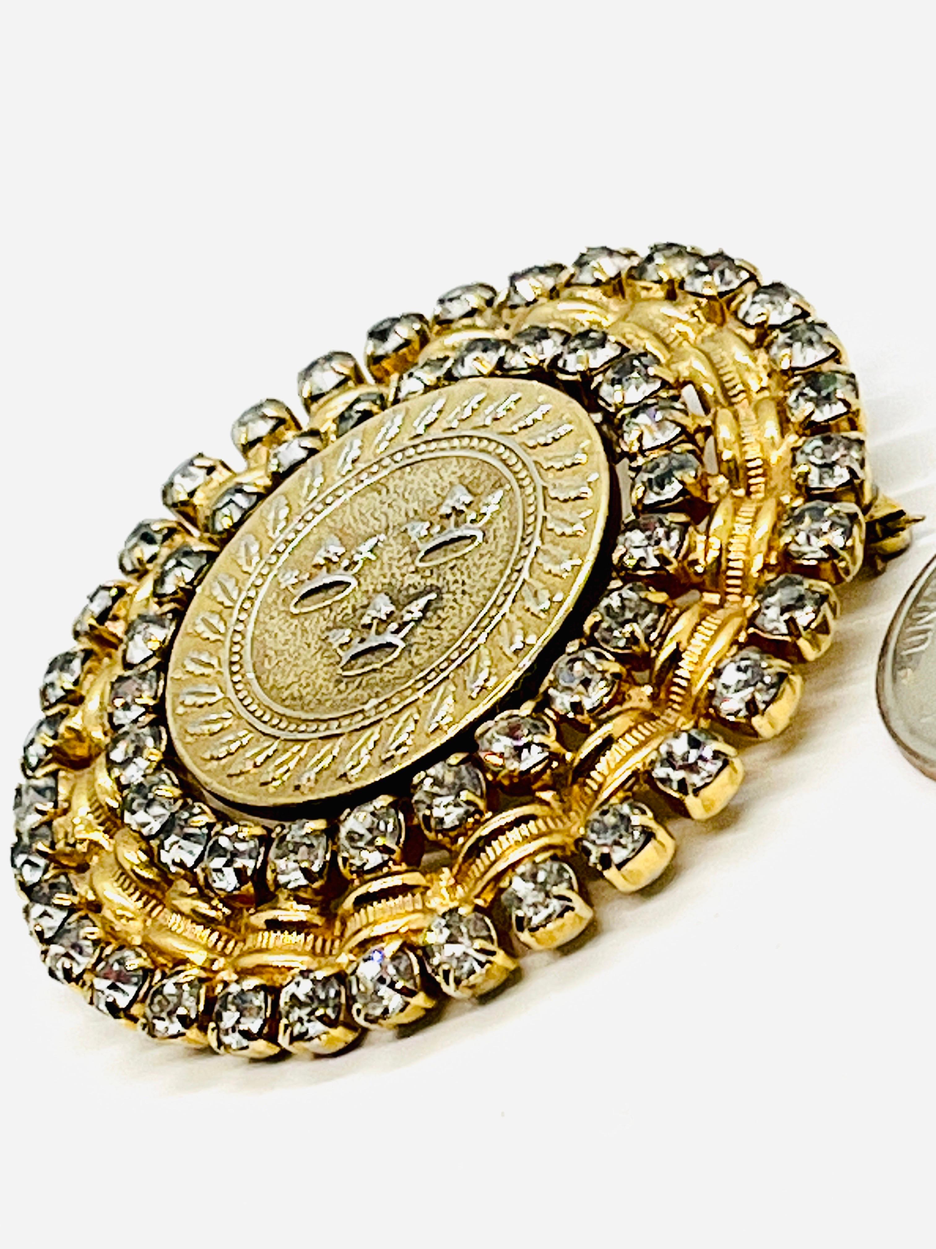 Castlecliff Triple Crown Coin Brooch, Brilliant Cut Crystal Halo Setting For Sale 3
