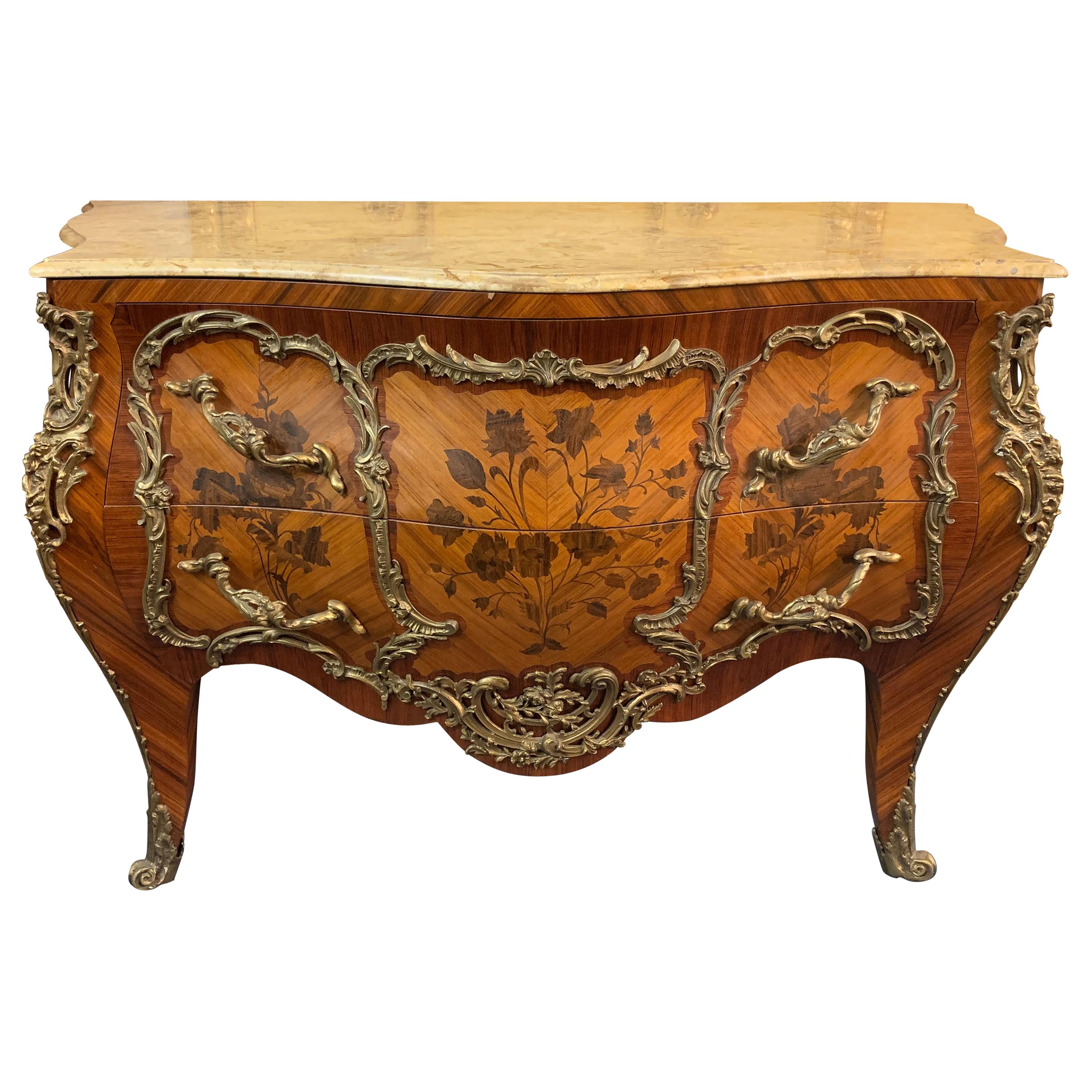 Castleworthy French Chest of Drawers in antique Louis XVI Style Baroque inlay For Sale