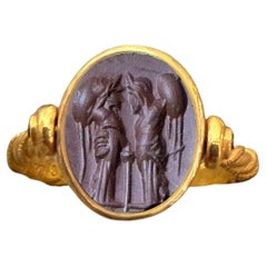 CASTOR AND POLLUX Roman Jasper Intaglio 1st-2nd cent. AD 22 Kt Gold Ring