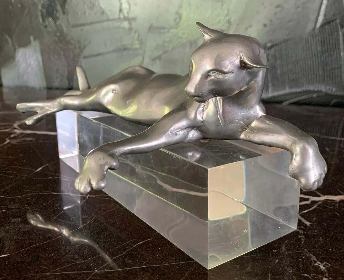 20th Century Castor Cooper Pewter Lioness Scupture on Lucite Base For Sale