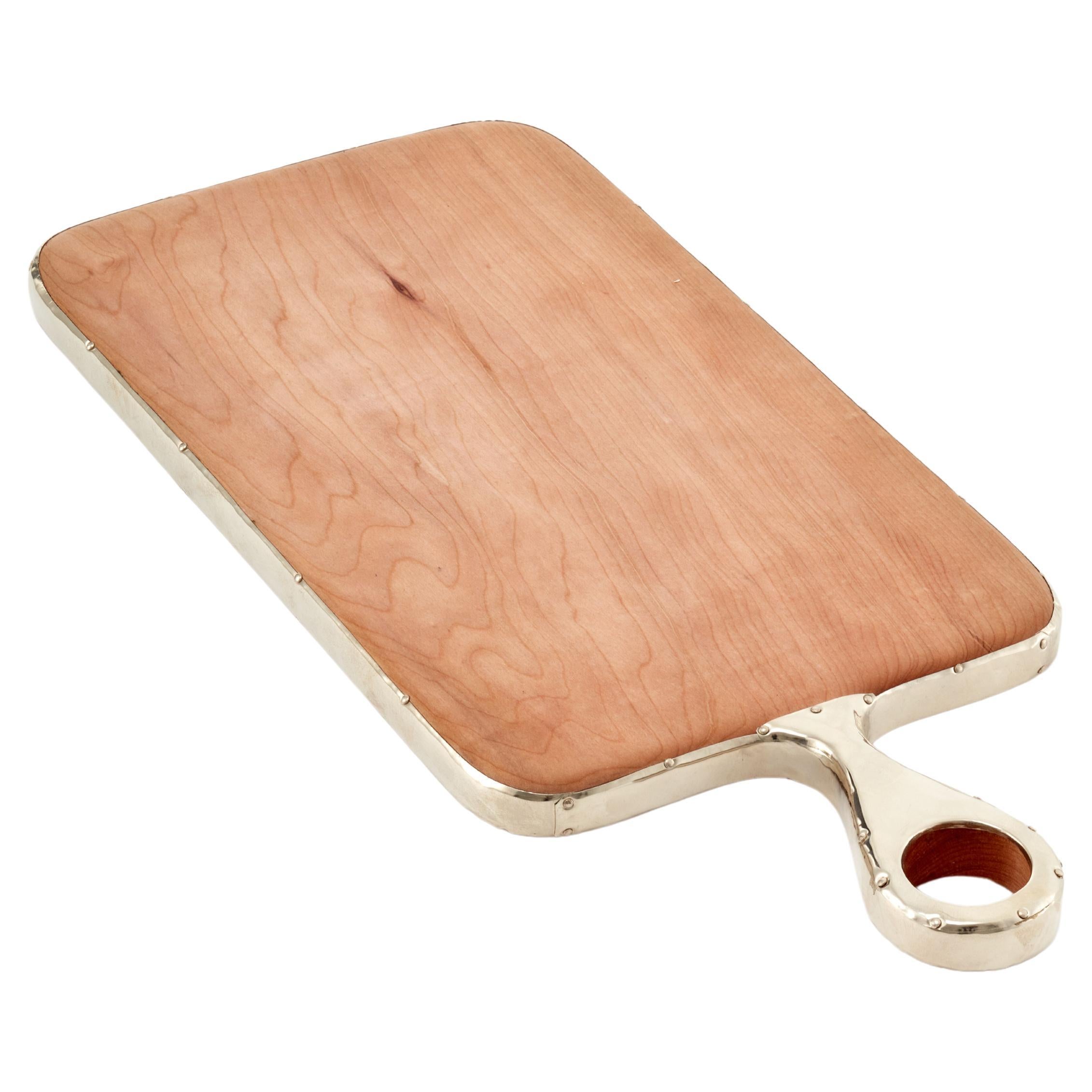 CASTOR Small Cheese Board Tray, Natural Wood & Alpaca Silver For Sale