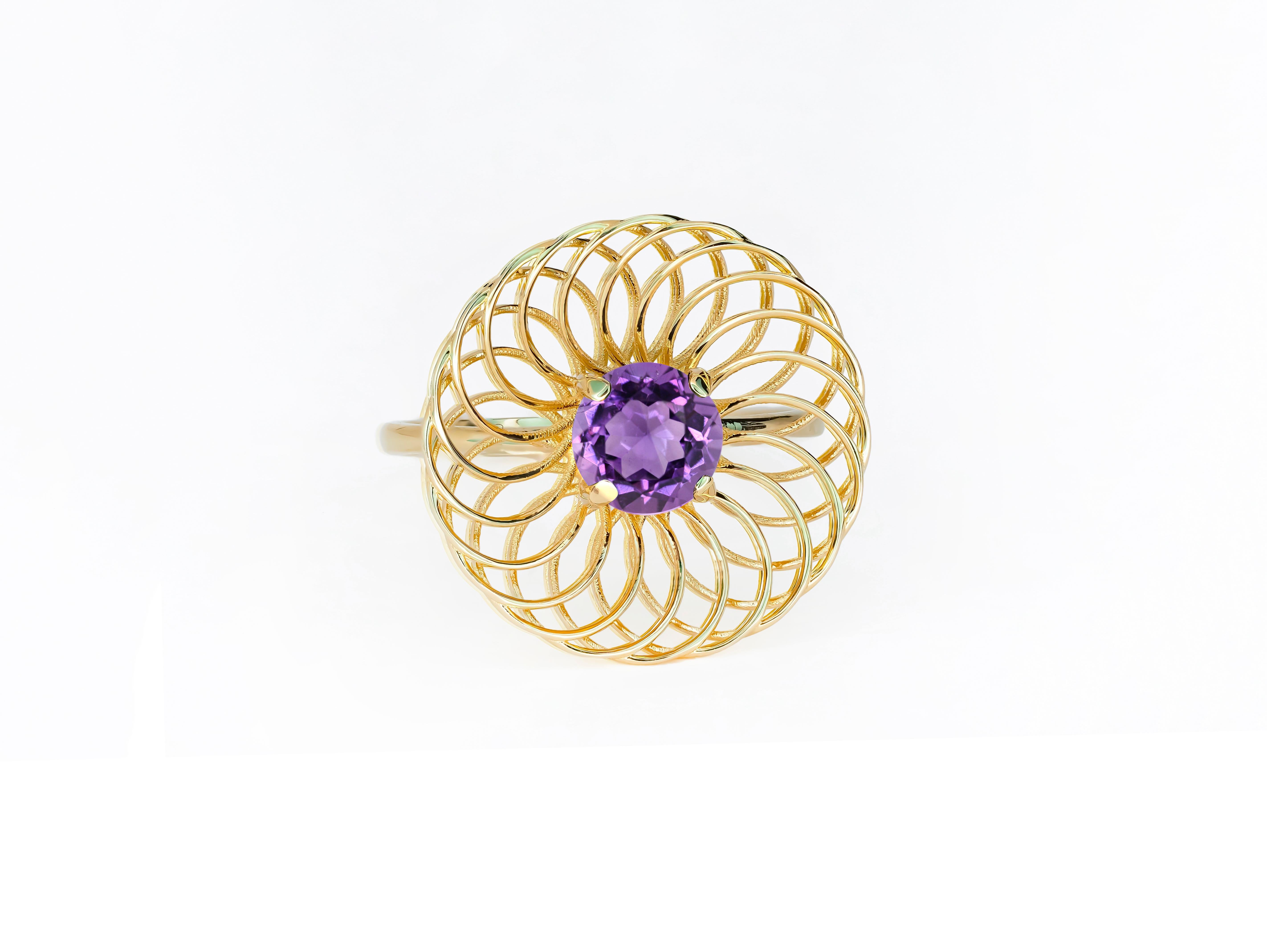 Casual amethyst 14k gold ring. 
Everyday amethyst ring. Round amethyst 14k gold ring. Amethyst engagement ring. Amethyst Geometric ring.

Metal type: 14kt solid gold
Weight 2.00 g. depends from size

Gemstones:
Central stone: Natural amethyst
Cut: