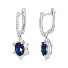 Casual Blue Sapphire Diamonds White Gold Dangle Lever-Back Earrings for Her