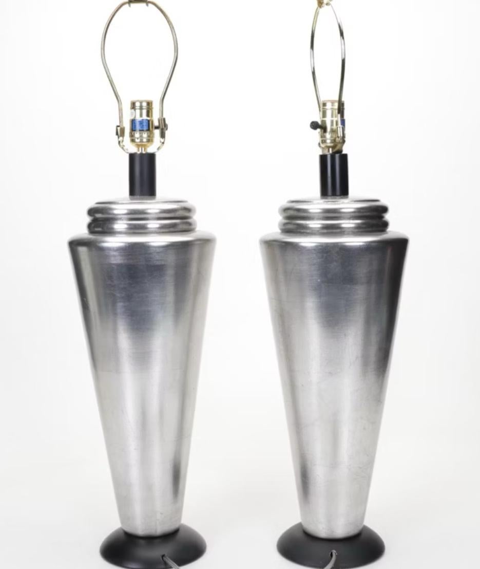 Post-Modern Casual Lamps Brushed Steel Deco Revival Table Lamps, Black Shades, 1998 For Sale