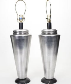 Casual Lamps Brushed Steel Deco Revival Table Lamps, Black Shades, 1998