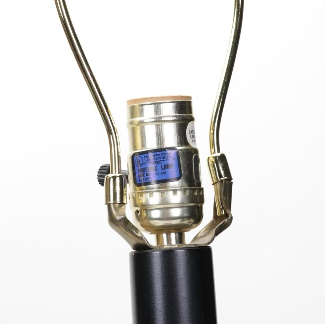 American Casual Lamps Brushed Steel Deco Revival Table Lamps, Black Shades, 1998 For Sale