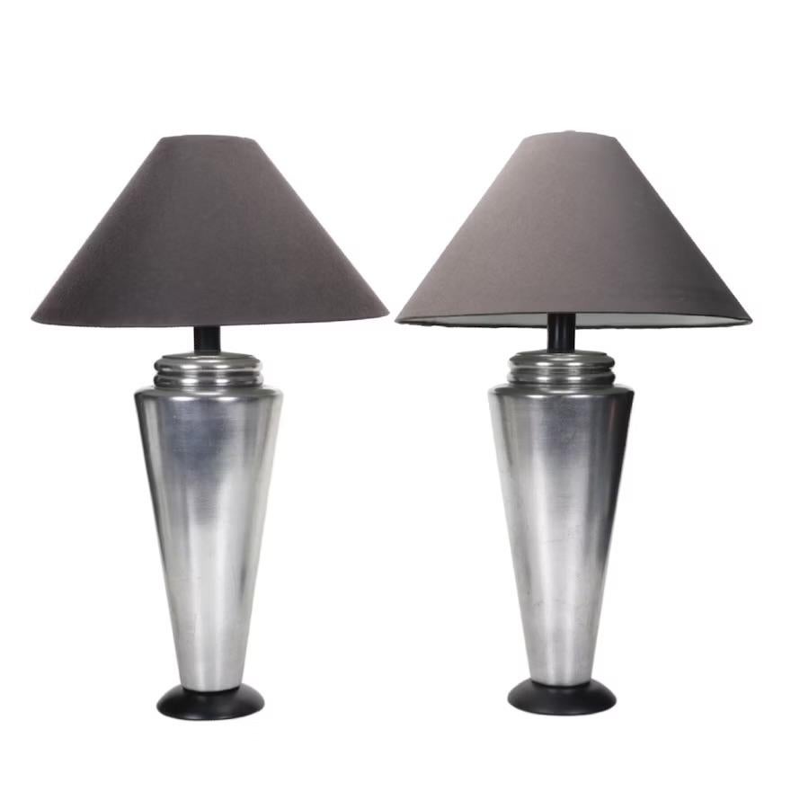 Casual Lamps Brushed Steel Deco Revival Table Lamps, Black Shades, 1998 In Good Condition For Sale In Chicago, IL